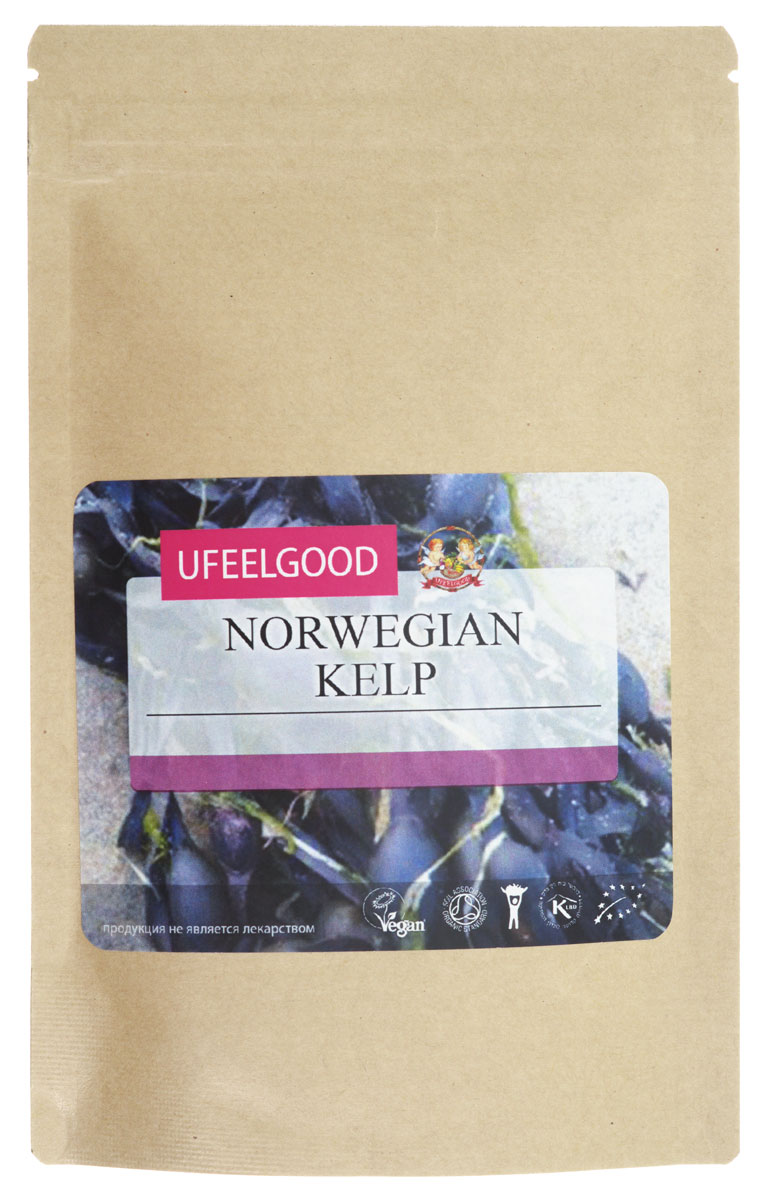 UFEELGOOD Norwegian Kelp кельп молотый, 100 г0120710 UFEELGOOD Norwegian Kelp кельп молотый, 100 г0120710Морские водоросли использовались в качестве еды в течение сотен лет. Использование их в Ирландии восходит к 12 веку. Норвежские водоросли повышают антиоксидантную защиту, что обеспечивает значительный защитный эффект против окислительного стресса.Водоросли кельп от UFEELGOOD богаты клетчаткой, которая играет важную роль в их клеточной структуре: аскофиллум содержит 38% растворимой клетчатки. Клетчатка имеет важное значение для работы пищеварительной системы. Было доказано, что она замедляет рост уровня сахара в крови после приема пищи и способствует снижению уровня холестерина. Вместе с водой воздействие клетчатки также заставляет нас чувствовать себя более сытыми и меньше есть. Будучи растениями моря, водоросли отличаются высоким содержанием минералов. Порция порошка норвежской водоросли в 8 г обеспечивает:26% суточной нормы кальция. Кальций играет важную роль во многих функциях организма, в том числе сокращении мышц, свертывании крови; передаче информации через нервную систему, развитии и поддержании здоровья костей и зубов24% суточной нормы магния. Магний является особенно важным для поддержания костей, а также для активации ферментов31% суточной нормы железа для женщин (54% для мужчин). Железо необходимо для транспортировки кислорода по всему организму, оно также играет важную роль в ферментативных реакциях и нормальном функционировании иммунной системыПорошок норвежских водорослей кельп от UFEELGOOD имеет свежий аромат моря и соленый вкус. Он хорошо растворим в воде, что делает его идеальным дополнением к зеленой смеси, или в приготовлении заготовок. Также водоросль может послужить дополнительной приправой, передающей всю глубину ее аромата.