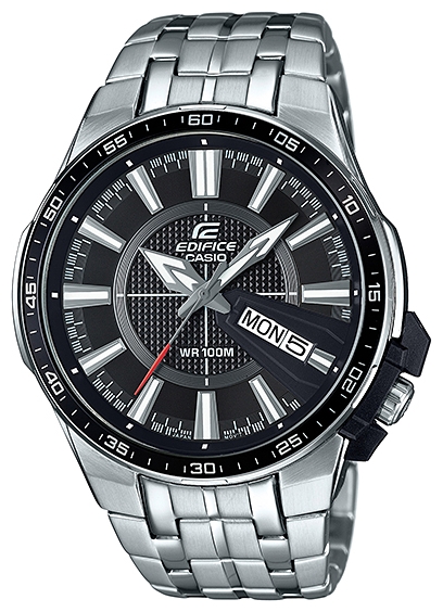 Часы наручные мужские Casio Edifice, цвет: стальной, черный. EFR-106D-1ABM8434-58AE Часы наручные мужские Casio Edifice, цвет: стальной, черный. EFR-106D-1ABM8434-58AEЦентральные часовая, минутная и секундная стрелки. Апертура даты и дня недели на «4 часах». Корпус выполнен из нержавеющей стали 316L, поверхности с матовой шлифовкой и зеркальной полировкой. Безель из алюминия с черным покрытием и контрастной разметкой. Размеры корпуса 45,5 мм (по оси заводной головки) х 51 мм (по вертикали) х 11,4 мм (толщина). Вес приблизительно 145 грамм Накладка, защищающая переводную коронку от ударов, крепится корпусу винтами и имеет контрастную черную окраску. Минеральное стекло устойчивое к возникновению царапин. Циферблат - рельефный, апертура даты и дня недели выделена объемной окантовкой. Аппликация часовых индексов и цифр. Задняя крышка имеет винтовое соединение с корпусом. Водостойкость 100 метров (10 АТМ). Браслет из нержавеющей стали, застежка раскладывается при нажатии на кнопки.