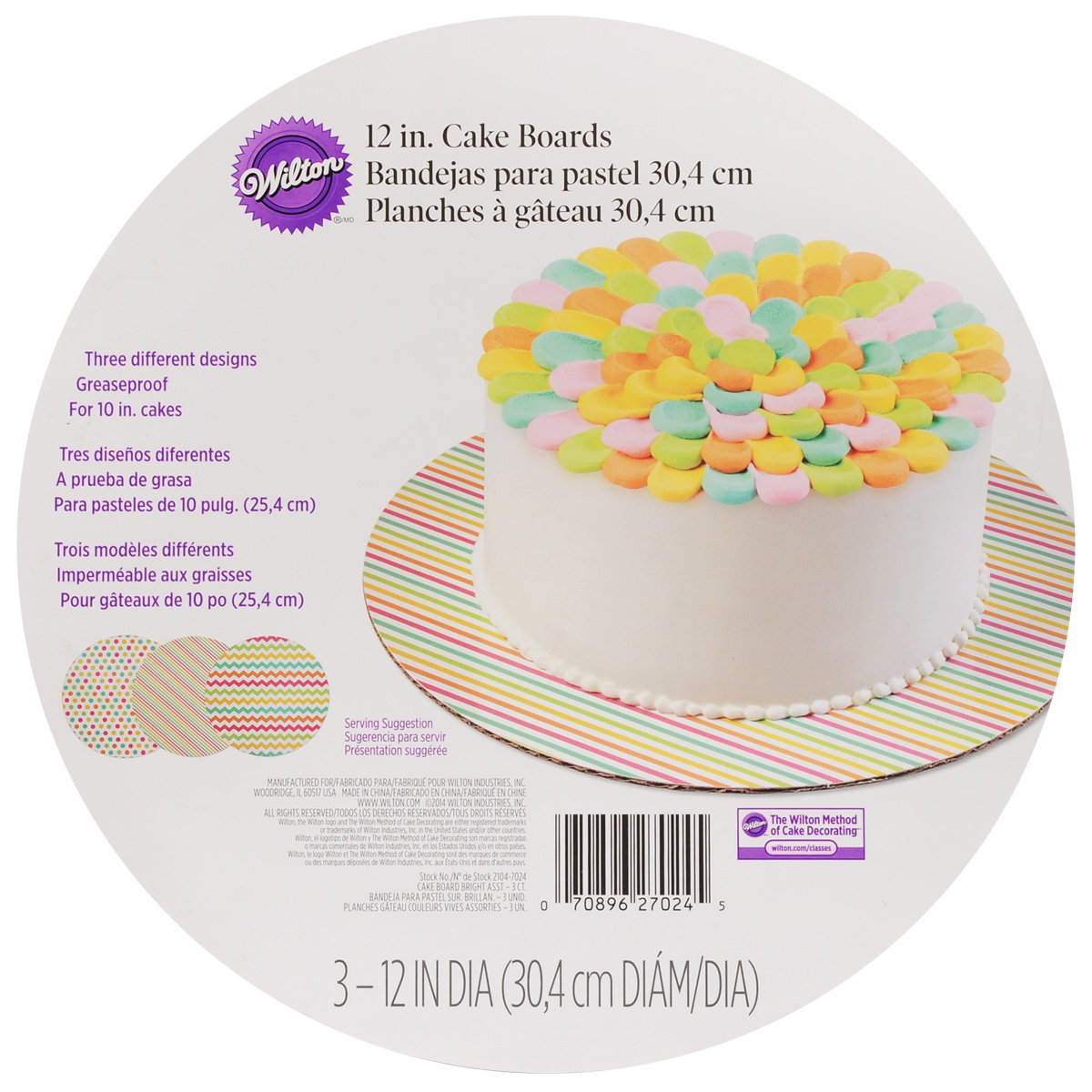 Основа для торта Wilton, диаметр 30,5 см, 3 шт115510 Основа для торта Wilton, диаметр 30,5 см, 3 шт115510Круглая основа для торта Wilton изготовлена из гофрированного картона с жиронепроницаемым покрытием, оформленным красочным принтом. Изделие предназначено для угощений и закусок (тортов, пирожных, канапе). Основа удобна для работы, перекладывания коржей, хранения и переноски торта. В комплекте 3 основы. Диаметр: 30,5 см.