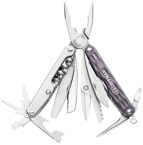 Мультитул Leatherman Juice XE6, цвет: серый22-01471 Мультитул Leatherman Juice XE6, цвет: серый22-01471Пассатижи, кусачки, нож прямой, нож серрейторный, ножницы, пила, надфиль мелкий, надфиль алмазный, 4 отвертки (одна - часовая), штопор с приспособлением для удобного открывания бутылок с вином, открывалка для пивных бутылок, шило, страховочное кольцо. Длина мультитула в сложенном состоянии - 8,25 см, в раскрытом - 14 см. Вес - 190 гр. Цвет серый гранит. Подарочная упаковка. Гарантия - 25 лет.