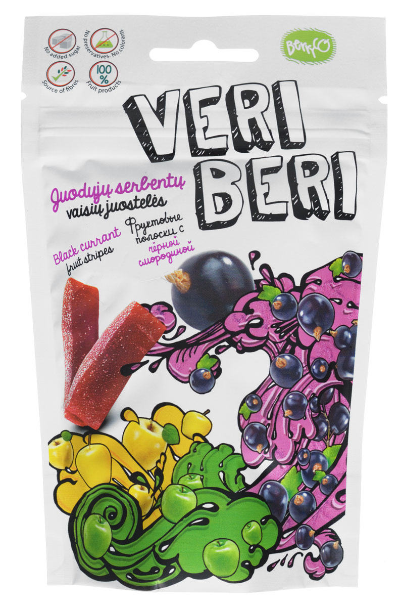 Veri Beri Фруктовые полоски с черной смородиной, 50 г0120710 Veri Beri Фруктовые полоски с черной смородиной, 50 г0120710Фруктовые полоски Veri Beri, сделанные только из натуральных фруктов. Без сахара, без консервантов, без красителей. Сладость продукта достигается только за счёт использования только натуральных сахаров, содержащихся в фруктовом соке и пюре. Содержит много клетчатки, что положительно влияет на пищеварительную систему.Используемые ингредиенты: фруктовый сок и концентрат пюре, фруктовый пектин, фруктовые волокна, натуральные фруктовые ароматизаторы.