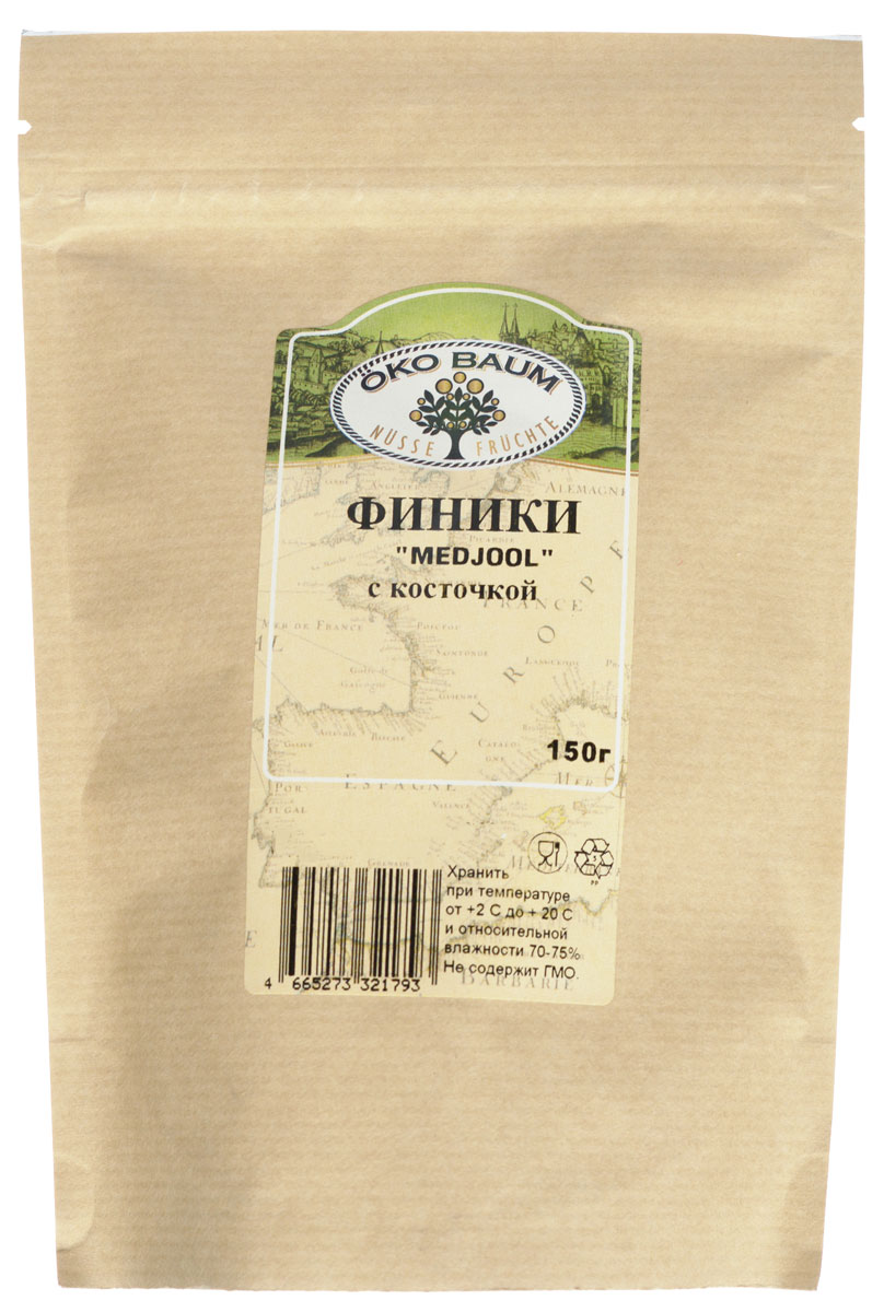 Oko Baum финики Medjool с косточкой, 150 г0120710 Oko Baum финики Medjool с косточкой, 150 г0120710Крупные, мягкие финики сорта Medjool отличаются сладким, медовым вкусом. Финики - один из самых древних видов фруктов, играющие ответственную роль в полноценном питание человека. Финики предпочтительнее других фруктов своими уникальными питательными свойствами и содержат: железо, фосфор, медь, марганец, магний, калий и многие другие элементы.Благодаря высокому содержанию калия они полезны людям с заболеваниями сердца. Финики обладают нежным, сладким вкусом и являются пищей, идеальной для легкого и быстрого пищеварения. Финики весьма калорийны, поэтому являются хорошим источником энергии, например, во время длительных походов. Рекомендуется употреблять как самостоятельное лакомство, а также добавлять в десерты и выпечку.