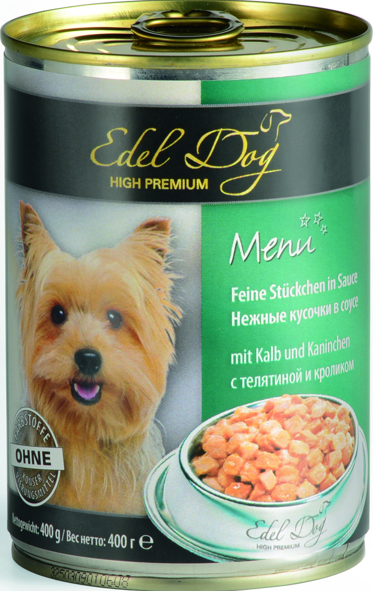Консервы для собак Edel Dog, с телятиной и кроликом, 400 г0120710 Консервы для собак Edel Dog, с телятиной и кроликом, 400 г0120710Консервы для собак Edel Dog - полнорационный консервированный корм для собак всех пород. На основе мяса теленка и кролика с добавлением витаминов и минералов. Cостав: мясо и мясопродукты (5% телятины, 5% кролика), злаки, минеральные вещества, инулин (0,1%).Аналитический состав: влажность 82%, сырой протеин 8,5%, сырой жир 4,5%, сырая зола 2,0%, сырая клетчатка 0,5%.Пищевые добавки / кг: витамин Д3 250 МЕ, цинк (сульфат цинка, моногидрат) 18 мг, витамин Е (альфа-токоферолацетат) 15 мг, медь (сульфат меди II, пентагидрат) 1 мг, марганец (сульфат марганца II, моногидрат) 1 мг. Товар сертифицирован.