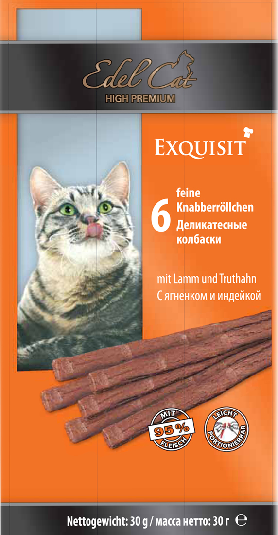 Лакомство для кошек Edel Cat, деликатесные колбаски, с ягненком и индейкой, 6 шт0120710 Лакомство для кошек Edel Cat, деликатесные колбаски, с ягненком и индейкой, 6 шт0120710Лакомство для кошек Edel Cat - вкусные жевательные колбаски для кошек. Они на 95% состоят из свежего мяса с добавлением витаминно -минерального комплекса.Состав: мясо и мясопродукты (95% в том числе 6% ягненок, 6% индейка), минеральные вещества. Минеральные вещества: сырой протеин 33,5%, влажность 28%, сырой жир 20%, сырая зола 10%, сырая клетчатка 2%.Товар сертифицирован.