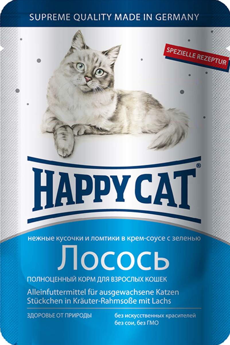 Консервы для кошек Happy Cat, лосось, 100 г1002306 Консервы для кошек Happy Cat, лосось, 100 г1002306Консервы для кошек Happy Cat - полноценный корм, который обеспечивает правильное и разнообразное питание кошки. Это очень вкусный и натуральный корм предлагает качественно отобранные ингредиенты, чтобы порадовать даже самую привередливую кошку. Уникальная технология приготовления позволяет сохранить все ценные свойства натуральных продуктов, чтобы ваш питомец был здоров и полон сил.Состав: мясо и мясопродукты, рыба и рыбные продукты (лосось - 4,0%), злаки, молоко и молочные продукты, зелень (0,5%), минеральные вещества, инулин (0,1%).Аналитический состав: сырой протеин 8,5 %, сырой жир 5,5 %, сырая зола 2 %, сырая клетчатка 0,3 %, влажность 83%.Витамины/кг: витамин D3 250МЕ, витамин Е 15 мг, биотин 20 гр. Микроэлементы/кг: медь 1 мг, марганец 1 мг, цинк 18 мг. Антиоксиданты/кг: таурин 445 мг.Товар сертифицирован.