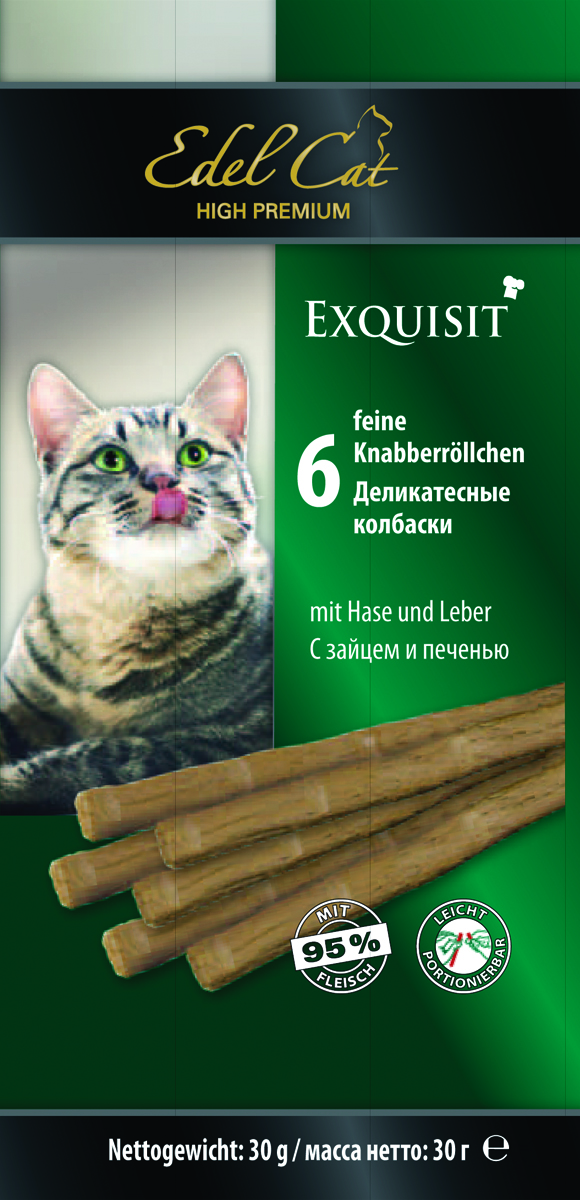 Edel Cat Колбаски - заяц печень 6 колбасок0120710 Edel Cat Колбаски - заяц печень 6 колбасок0120710Вкусные жевательные колбаски для кошек. На 95%состоят из свежего мяса с добавлением витаминно -минерального комплекса.Минеральные вещества: Сырой протеин 33,5%, влажность 28%, сырой жир 20%, Сырая зола 10%, сырая клетчатка2% Состав: Мясо и мясопродукты (95% в т.ч. 6% заяц, 6% печень), минеральные вещества