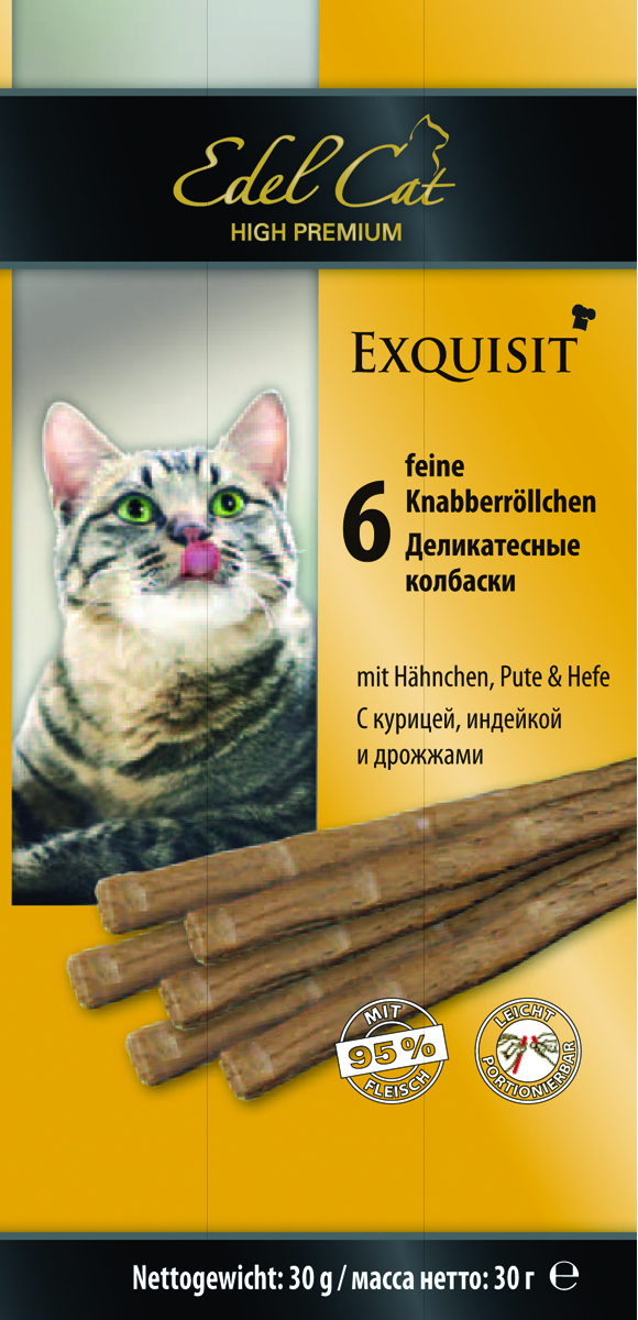 Edel Cat Колбаски - курица индейка дрожжи 6 колбасок0120710 Edel Cat Колбаски - курица индейка дрожжи 6 колбасок0120710Вкусные жевательные колбаски для кошек. На 90%состоят из свежего мяса с добавлением витаминно -минерального комплекса.Минеральные вещества: Сырой протеин 33,5%, влажность 28%, сырой жир 20%, Сырая зола 10%, сырая клетчатка2% Состав: Мясо и мясопродукты (90% в т.ч. 6% курица, 6% индейка), 4% дрожжи, минеральные вещества