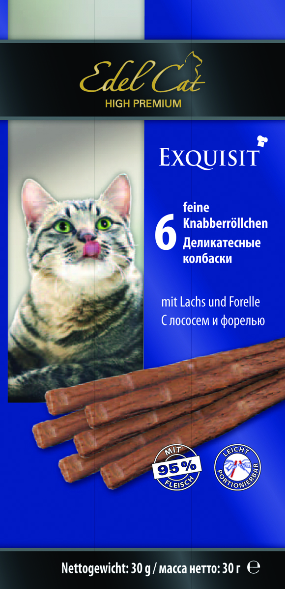 Edel Cat Колбаски - лосось форель 6 колбасок0120710 Edel Cat Колбаски - лосось форель 6 колбасок0120710Вкусные жевательные колбаски для кошек. На 95%состоят из свежего мяса с добавлением витаминно -минерального комплекса.Минеральные вещества: Сырой протеин 33,5%, влажность 28%, сырой жир 20%, Сырая зола 10%, сырая клетчатка2% Состав: Мясо и мясопродукты (95% в т.ч. 6% лосось, 6% форель), минеральные вещества