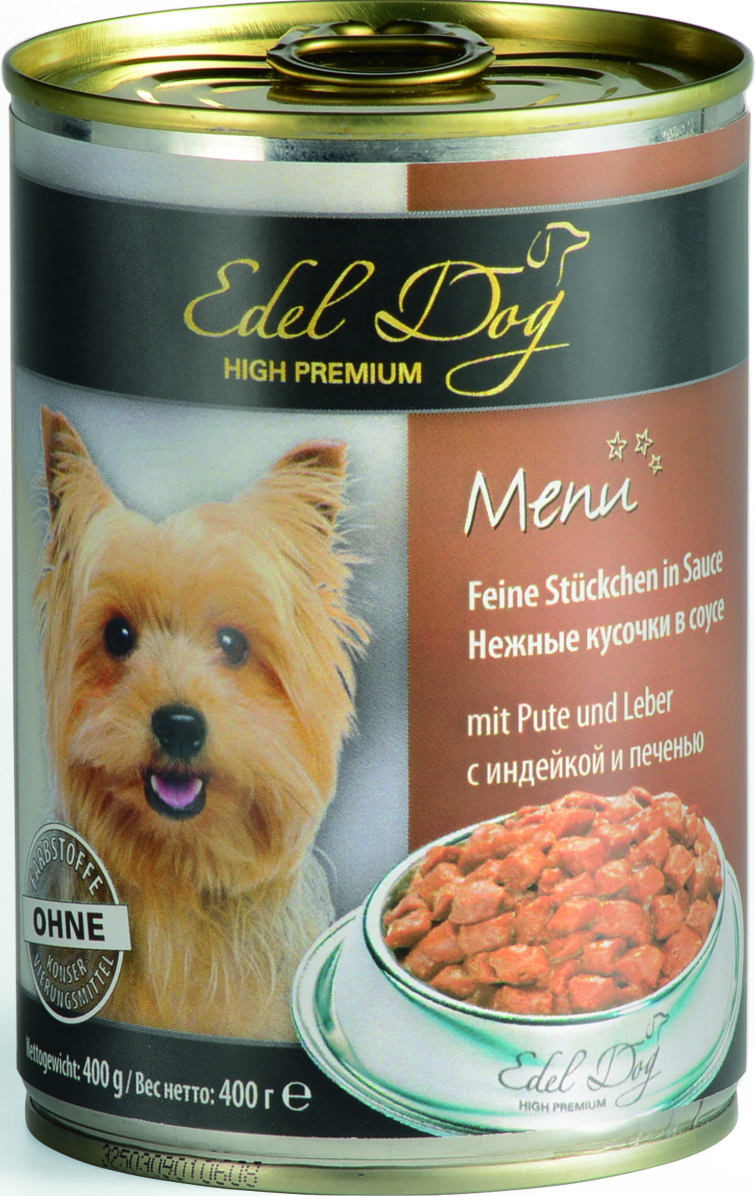 Edel Dog С индейкой и печенью, кусочки в соусе, полноценный влажный рацион 400г0120710 Edel Dog С индейкой и печенью, кусочки в соусе, полноценный влажный рацион 400г0120710Полнорационный консервированный корм для собак всех пород. На основе мяса индейки и печени с добавлением витаминов и минералов.Минеральные вещества: влажность 82%, сырой протеин 8,5%, сырой жир 4,5%, сырая зола 2,0%, сырая клетчатка 0,5%. витамин Д3 250 МЕ, цинк (сульфат цинка, моногидрат) 18 мг, витамин Е (альфа – токоферолацетат) 15 мг, медь (сульфат меди ||, пентагидрат) 1 мг, марганец (сульфат марганца ||, моногидрат) 1 мг. Состав: мясо и мясопродукты (5% индейка, 5% печень), злаки, минеральные вещества, инулин (0,1%).
