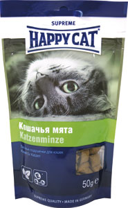 Лакомство для кошек Happy Cat, с кошачьей мятой, 50 г101246 Лакомство для кошек Happy Cat, с кошачьей мятой, 50 г101246Лакомство для кошек Happy Cat - лакомые подушечки, которые устраняют стресс при переездах и повышают настроение вашего питомца. Можно использовать как перекус между кормлениями.Состав: злаки, мясо и мясопродукты, масла и жиры, растительные белковые экстракты, рыба и рыбные продукты, яйцо, дрожжи, молоко и молочные продукты, растительные продукты ( кошачья мята - 0,5%)Аналитический состав: протеин 30%, жир 20%, клетчатка 2%, зола 6%.Витамин А 9000МЕ/кг, витамин D3 630МЕ/кг, витамин Е 90 мг/кг. Антиоксиданты и естественные красители.Товар сертифицирован.