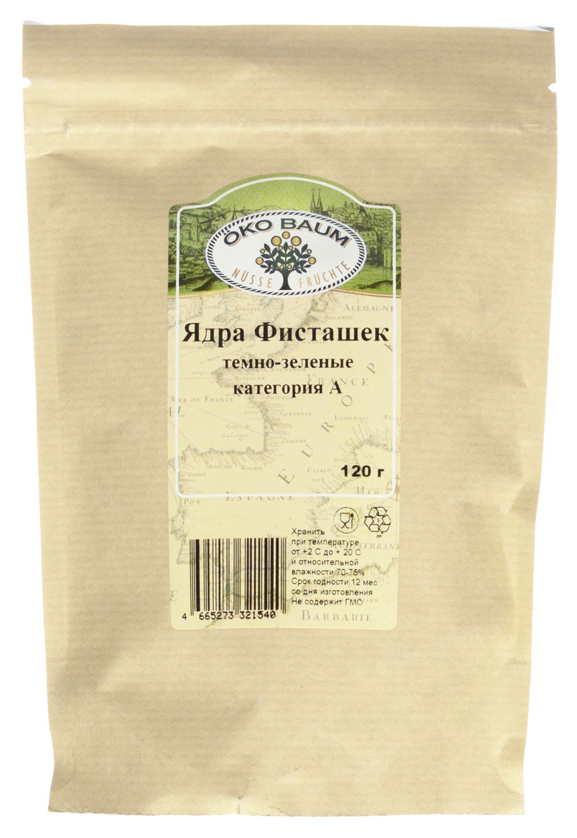 Oko Baum ядра фисташек темно-зеленые категория А, 120 г0120710 Oko Baum ядра фисташек темно-зеленые категория А, 120 г0120710Знакомьтесь, орехи счастья (именно так их называют в Китае) – плоды древа жизни, а попросту – фисташки!Фисташковые орехи служат верой и правдой человеку вот уже более 2,5 тысяч лет. Они ценятся на востоке и во всем мире как продукт, оказывающий тонизирующее действие. Эти орехи рекомендуют принимать при хронической усталости. В каждом маленьком орешке содержатся медь, марганец, фосфор, калий и магний. По содержанию витамина В6 этот продукт может поспорить даже с говяжьей печенью, а всего 30 орехов содержат столько же клетчатки, сколько находится в целой порции овсяной каши. Благодаря содержанию витамина Е, фисташковые орехи оказывают омолаживающее действие на организм. Фисташки показаны к употреблению людям, имеющим проблемы с сердцем и сосудами. Также полезны эти орехи при заболеваниях печени и дыхательных путей. В качестве дополнительной помощи они включаются в рацион больных гепатитом и малокровием.