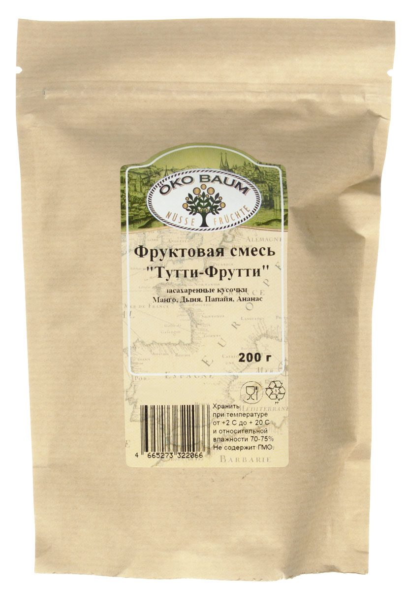 Oko Baum Тутти-Фрутти смесь цукатов, 200 г0120710 Oko Baum Тутти-Фрутти смесь цукатов, 200 г0120710Засахаренные кусочки манго, дыни, папайи и ананаса - чудесное и вкусное лакомство для взрослых и детей! Можно добавлять в каши, мороженное, йогурты. Также отлично подходит для домашней выпечки.