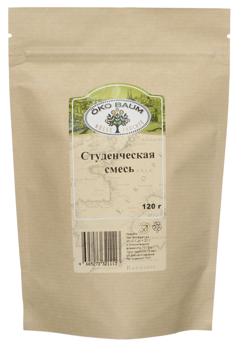 Oko Baum Студенческая смесь, 120 г0120710 Oko Baum Студенческая смесь, 120 г0120710Oko Baum Студенческая смесь - ассорти орехов и сухофруктов - прекрасная альтернатива перекусам для студентов и школьников. В состав смеси входят: изюм Джамбо, бразильский орех, орех кешью, грецкий орех, миндаль натуральный, миндаль бланшированный и очищенный фундук. Баланс витаминов и минералов, вкусный и очень полезный перекус в течении всего дня.