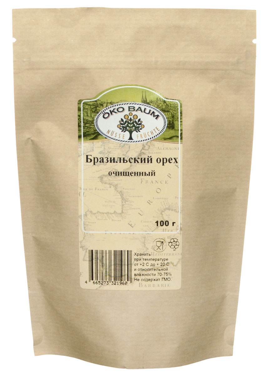 Oko Baum бразильский орех очищенный, 100 г0120710 Oko Baum бразильский орех очищенный, 100 г0120710Польза бразильского ореха для здоровья чрезвычайно высока, плоды ореха состоят на две трети из жиров, причем основная часть это ненасыщенные. Подобно кешью и грецким орехам, бразильские обладают высоким содержанием протеинов и клетчатки. Клетчатка незаменима для кишечника, улучшает его работу, усиливает перистальтику, способствует очищению организма.Селен, входящий в большом количестве в состав бразильского ореха, оказывает профилактическое воздействие на возникновение и развитие онкологических заболеваний кишечника, груди, предстательной железы, легких. Чтобы получить суточную норму селена достаточно съесть 1-2 ореха. Поступающие из ореха полезные вещества помогают организму справиться с депрессией, стрессами, буквально восполняют жизненную энергию.