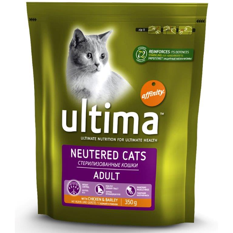 Корм сухой Ultima для стерилизованных кошек, с курицей и ячменем, 350 г0120710 Корм сухой Ultima для стерилизованных кошек, с курицей и ячменем, 350 г0120710Сухой корм Ultima - высококачественный, комплексный и сбалансированный корм. Специально разработан для стерилизованных кошек, содержит уникальную смесь антиоксидантов, витаминов, минералов и незаменимых жирных кислот, которая укрепляет иммунную систему вашей кошки. Состав: курица (15%), дегидрированные белки птицы, пшеница, кукуруза, овес (4%), кукурузная глютеновая мука, дегидрированные белки свинины, гидролизованные животные белки, мякоть свеклы, животные жиры, растительное волокно, соль, рыбий жир, хлорид калия.Пищевые добавки на кг.: витамин А 32000 МЕ, витамин D3 2130 МЕ, витамин Е 450 мг, витамин С (аскорбил монофосфат натрия и кальция) 350 мг, таурин 1200 мг, L-карнитин 500 мг, витамин В6 (пиридоксина хлоргидрат) 13,3 мг, ионогидрат сульфата железа 356 мг (Fe: 117 мг), иодид калия 2,6 мг (I: 2 мг), пентагидрат сульфата меди 46 мг (Cu: 12 мг), моногидрат сульфата марганца 169 мг (Mn: 55 мг), моногидрат сульфата цинка 539 мг (Zn: 196 мг), селенит натрия0,3 мг (Se: 0,15 мг).Составные элементы: белок 35%, содержание жиров 12%, всего волокон 5%, неорганические вещества 7%, кальций 1%, фосфор 0,9%, натрий 0,7%, влага 8%. С антиоксидантами.Товар сертифицирован.