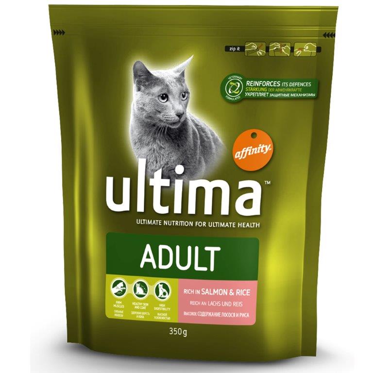 Корм сухой Ultima Adult, для взрослых кошек, с лососем, рисом, злаками, 350 г8039 Корм сухой Ultima Adult, для взрослых кошек, с лососем, рисом, злаками, 350 г8039Питательные корма марки Ultima Adult с высоким содержанием высококачественного белка из отборного мяса способствуют развитию крепких мышц. Кальций, фосфор и витамин D укрепляют кости и зубы животных, а сочетание цинка и жирных кислот Омега-3 и Омега-6 позволяет поддерживать хорошее состояние кожи и шерсти у кошек. Ингредиенты кормов легко усваиваются, а клетчатка из свекловичного жома и злаков способствует хорошему пищеварению и усвоению питательных веществ. Питательные корма марки Ultima повышают природный иммунитет кошек благодаря эффективному сочетанию антиоксидантов, клетчатки пребиотического действия и жирных кислот Омега-3. Таким образом, корма способствуют поддержанию здоровья кошек в оптимальном состоянии, доставляя вашим питомцам, наслаждение от каждого приема пищи.Состав: лосось (15%), рис (14%), обезвоженные белки мяса птицы, мука глютеновая кукурузная, кукуруза, пшеница, обезвоженные белки свинины, животный жир, гидролизованные белки животного происхождения, свекольный жом, рыбий жир, хлористый калий, соль.Товар сертифицирован.