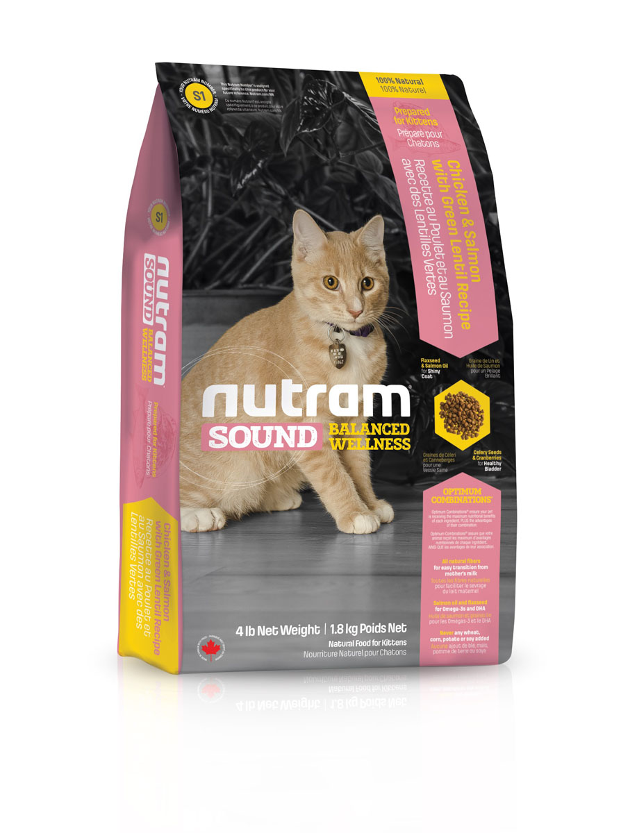 Сухой корм для котят S1 Nutram Sound Balanced Wellness Kitten Food - 1.8KG0120710 Сухой корм для котят S1 Nutram Sound Balanced Wellness Kitten Food - 1.8KG0120710Целостный (holistic), полезный, богатый питательными веществами корм, который улучшает самочувствие и здоровье питомцев по принципу «изнутри наружу». Рецептура разработана на основе Оптимальных СочетанийTM жира лососевых рыб и семян льна, источников Омега-3 жирных кислот, необходимых для поддержки нормального развития. Клюква, естественный подкислитель, и семена сельдерея, эффективное мочегонное, регулируют баланс жидкости в организме. Благодаря им поддерживаются уровень рН и уровень золы в моче, что способствует здоровью мочеполовой системы. • Содержит мясо курицы, лосося и зеленую чечевицу • Натуральная клетчатка помогает сделать переход от материнского молока к корму более легким • Жир лососевых рыб и семена льна используются в качестве источника полиненасыщенных и Омега-3 жирных кислот • Не содержит пшеницу, кукурузу, картофель или сою в любом виде.