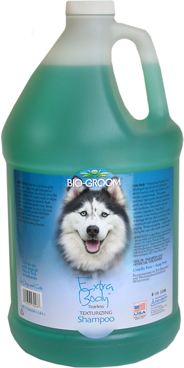 Шампунь-кондиционер Bio-Groom Extra Body, для объема, концентрат, 3,8 л0120710 Шампунь-кондиционер Bio-Groom Extra Body, для объема, концентрат, 3,8 л0120710Шампунь-кондиционер для шерстяных пород животных для объема. Шампунь без слез, улучшающий качество шерсти. Идеален для животных с густым подшерстком. Этот богатый протеином шампунь скомбинирован из чистых косметических ингредиентов. Не сушит и не травмирует шерсть. Имеет нейтральный Ph - контроль. Смывается легко и без остатка, оставляя шерсть желаемого качества. Инструкция по применению: Разводят на 4-5 частей воды 1 часть шампуня. Популярен у владельцев длинношерстных кошек и с успехом применяется на любых породах собак. Объём 3,8 л.