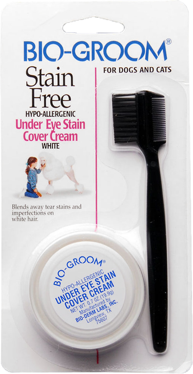 Маскировка для глаз Bio-Groom Stain Free от слезных дорожек 21 мл0120710 Маскировка для глаз Bio-Groom Stain Free от слезных дорожек 21 мл0120710Bio-Groom Stain Free маскировка для глаз от слезных дорожек. Гипоаллергенный крем для маскировки пятен под глазами. Специально разработан для удаления слезных пятен и других дефектов на белой шерсти. При постоянном использовании пятно осветляется т.к. крем обеспечивает защиту кожи и шерсти под глазами от окрашивающего эффекта слез.Гипоаллергенный, 100% отсутствие ароматизаторов, все ингредиенты натуральные. Инструкция по применению: Нанесите с помощью щеточки, входящей в комплект или при помощи пальцев. Аккуратно вотрите в область пятна. Предохраняйте от попадания крема в глаза. С помощью прилагающейся расчесочки мягко удалите избыток крема, оставив необходимое количество для маскировки запачканного места.Объём 21 мл.