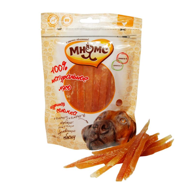 Лакомство для собак Мнямс куриная соломка с омега-3, омега-6 100 г0120710 Лакомство для собак Мнямс куриная соломка с омега-3, омега-6 100 г0120710Куриная соломка Мнямс с Омега-3, Омега-6 - это нежная нарезка отборного филе из натурального мяса. Омега - 3 и омега - 6 жирные кислоты, входящие в состав, помогут поддерживать здоровье шерсти и кожи вашего любимца.Вкусное и здоровое угощение с высоким содержанием белка, идеально подходит в качестве поощрения для игр и тренировок.Белок ? 38% Жир ? 2% Клетчатка ? 1% Зола ? 2,5% Влажность ? 30%Курица 96%, глицерин 3,5%, соль 0,3%, сорбат калия 0,1%, Омега-3 0,05%, Омега-6 0,05%.Не является основным кормом. При кормлении необходимо учитывать возраст и активность животного. Подходит для щенков с 4-х месяцев.Свежая вода всегда должна быть доступна вашему питомцу. Менее 5 кг - 1-2 ломтика5-10 кг - 2-3 ломтика10-20 кг - 3-4 ломтика20-40 кг - 4-5 ломтикаБолее 40 кг - 5-6 ломтиков.