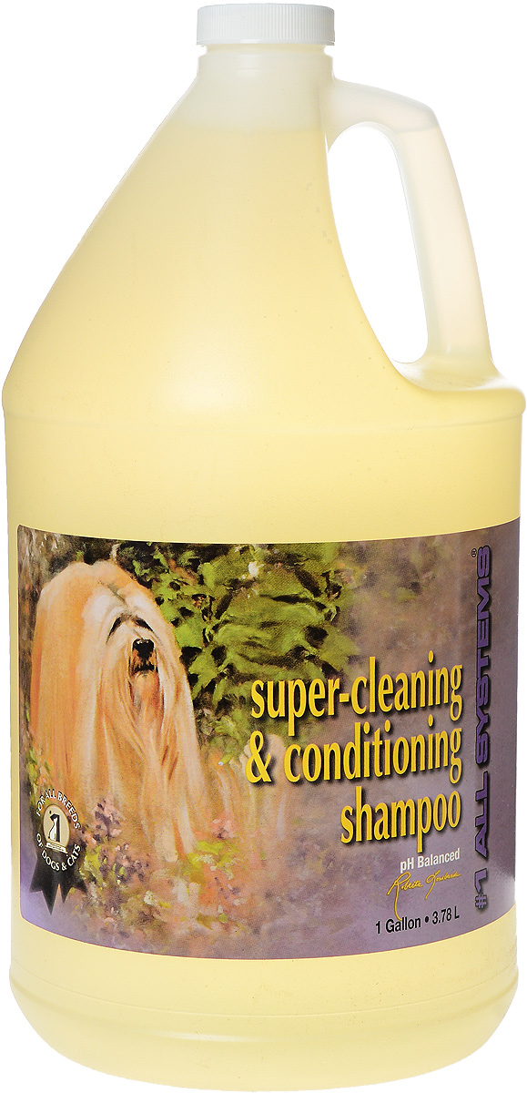 Шампунь для собак и кошек 1 All Systems Super-cleaning & Conditioning, суперочищающий, 3,78 л0120710 Шампунь для собак и кошек 1 All Systems Super-cleaning & Conditioning, суперочищающий, 3,78 л0120710Шампунь 1 All Systems Super-cleaning & Conditioning предназначен для собак и кошек. Шампунь обогащен кондиционерами, которые тщательно очищают шерсть, не изменяя ее структуру. Быстро и полностью смывается, оставляет шерсть искрящейся, без остатков грязи. Уникальная формула предотвращает образование колтунов. Благодаря безопасной и очень мягкой формуле, может использоваться ежедневно. Подходит для чувствительной кожи, щенкам, кормящим сукам и кошкам. Содержит только натуральные, безвредные ингредиенты. Не содержит алкоголь, масло или силиконовые продукты, способные повредить кожу и шерсть. Не изменяет окрас и текстуру. Способ применения. Может быть разведен в 1 или 2 частях воды перед использованием. Хорошо увлажните шерсть и нанесите нужное количество для удаления грязи и жира. Хорошо вмассируйте в шерсть. Ополосните и еще раз нанесите шампунь для полной очистки шерсти, затем нанесите подобранный для вашего питомца кондиционер.Рекомендации для кошек: идеально подходит для ухода за кошками любых пород и с любым типом шерсти, а также применяется как первый шампунь при подготовке к выставке. Состав: дистиллированная вода, аммоний лаурил сульфат, кокамидопропилбетаин, кокамид DEA, пропиллен гликоль, глицерин, ароматизатор, лимонная кислота, F.D. & C. желтый #6.