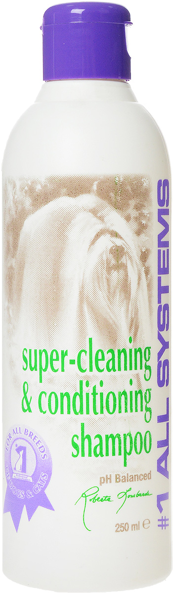 Шампунь для собак и кошек 1 All Systems Super-cleaning & Conditioning, суперочищающий, 250 мл0120710 Шампунь для собак и кошек 1 All Systems Super-cleaning & Conditioning, суперочищающий, 250 мл0120710Шампунь 1 All Systems Super-cleaning & Conditioning предназначен для собак и кошек. Шампунь обогащен кондиционерами, которые тщательно очищают шерсть, не изменяя ее структуру. Быстро и полностью смывается, оставляет шерсть искрящейся, без остатков грязи. Уникальная формула предотвращает образование колтунов. Благодаря безопасной и очень мягкой формуле, может использоваться ежедневно. Подходит для чувствительной кожи, щенкам, кормящим сукам и кошкам. Содержит только натуральные, безвредные ингредиенты. Не содержит алкоголь, масло или силиконовые продукты, способные повредить кожу и шерсть. Не изменяет окрас и текстуру. Способ применения. Может быть разведен в 1 или 2 частях воды перед использованием. Хорошо увлажните шерсть и нанесите нужное количество для удаления грязи и жира. Хорошо вмассируйте в шерсть. Ополосните и еще раз нанесите шампунь для полной очистки шерсти, затем нанесите подобранный для вашего питомца кондиционер.Рекомендации для кошек: идеально подходит для ухода за кошками любых пород и с любым типом шерсти, а также применяется как первый шампунь при подготовке к выставке. Состав: дистиллированная вода, аммоний лаурил сульфат, кокамидопропилбетаин, кокамид DEA, пропиллен гликоль, глицерин, ароматизатор, лимонная кислота, F.D. & C. желтый #6.