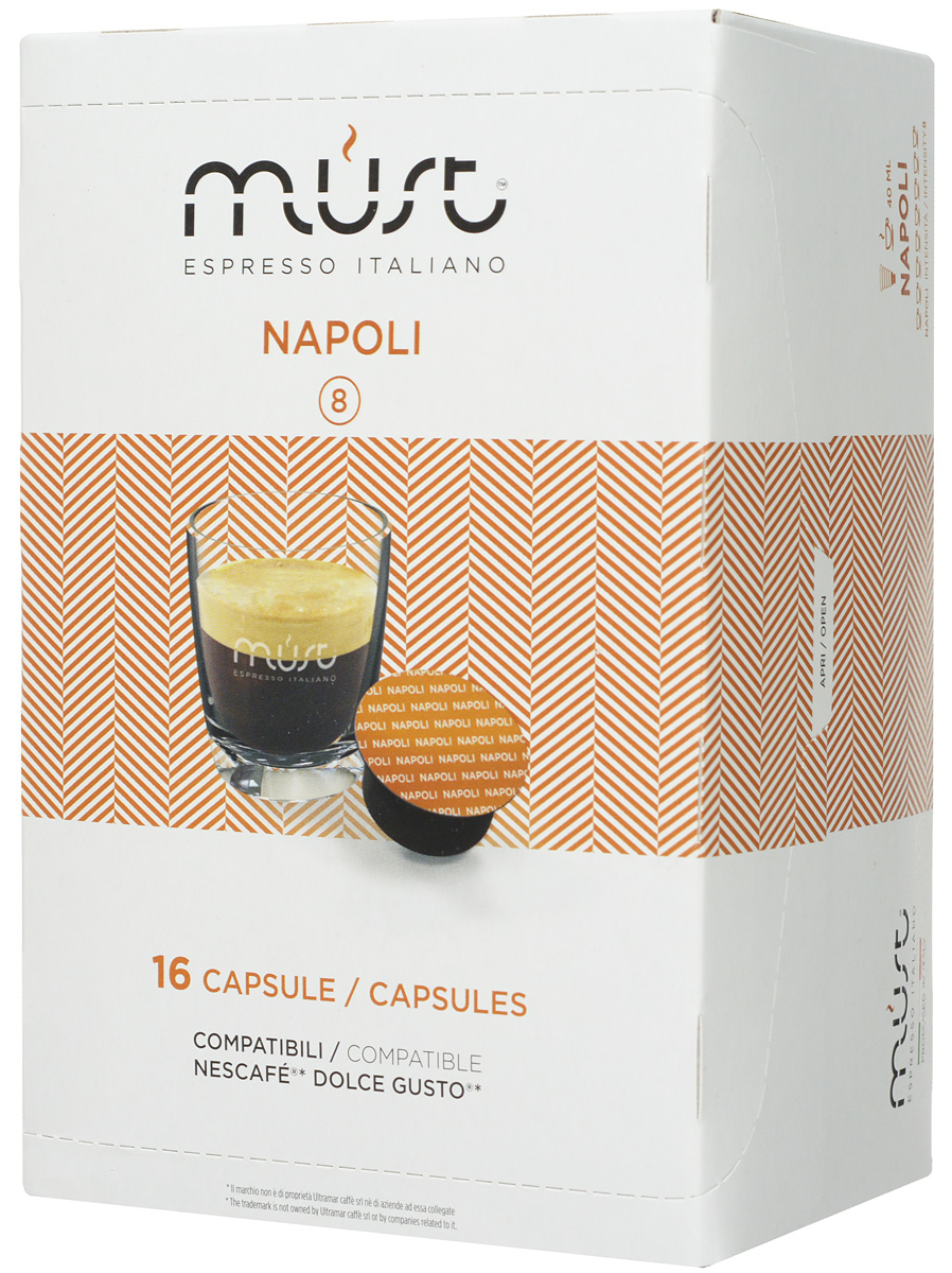 MUST DG Napoli кофе капсульный, 16 шт12128828 MUST DG Napoli кофе капсульный, 16 шт12128828Капсульный кофе MUST DG Napoli - это крепкий напиток с неповторимым вкусом, истинный эспрессо! Благодаря лучшим сортам африканской робусты и бразильской арабики получился ароматный насыщенный кофе с плотной и бархатистой пенкой.