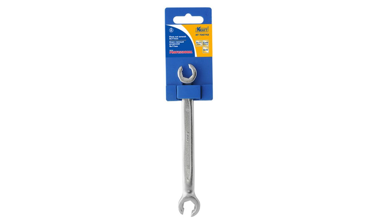 Ключ гаечный разрезной Kraft Professional, 9 х 11 мм98298123_черный Ключ гаечный разрезной Kraft Professional, 9 х 11 мм98298123_черныйКлюч гаечный разрезной Kraft станет отличным помощником монтажнику или владельцу авто. Этот инструмент обеспечит надежную фиксацию на гранях крепежа. Специальная хромованадиевая сталь повышает прочность и износ инструмента.Длина ключа: 15 см.Диаметр головок: 9 х 11 мм.