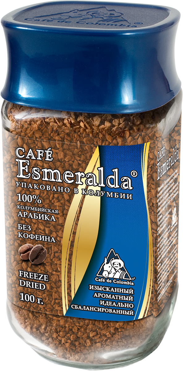 Cafe Esmeralda сублимированный кофе без кофеина, 100 г101246 Cafe Esmeralda сублимированный кофе без кофеина, 100 г101246Кофе Cafe Esmeralda произведен и упакован на самой современной в мире фабрике сублимированного кофе Liofilizado в Колумбии под строгим контролем Национальной Федерации производителей кофе Колумбии. Процесс декофеинизации проходит на единственной в Колумбии фабрике Дескафекол (Descafecol). Кофеин извлекают из зеленых кофейных зерен естественным, нежным и современным способом с использованием природных агентов: кристально чистой воды из горных источников и ацетата этила (EA), который содержится во многих фруктах и овощах. На фабрике применяется специальная комбинация чистой воды и ацетата этила, которая позволяет нежно извлекать до 99,7% кофеина из каждого зерна кофе.Кофе после такой обработки прекрасно подходит для обжарки и дальнейшего производства. А готовый напиток имеет настолько совершенный вкус, его невозможно отличить от классического кофе с кофеином. Кофе содержит не более 0,3% кофеина, его можно употреблять людям с сердечно-сосудистыми заболеваниями и тем, кто хочет избежать воздействия кофеина на организм.