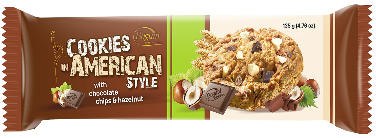 Bogutti American Cookies печенье с шоколадной и ореховой крошкой, 135 г0120710 Bogutti American Cookies печенье с шоколадной и ореховой крошкой, 135 г0120710Bogutti American Cookies - высококачественное сдобное печенье с шоколадной крошкой и крошкой дробленого ореха, приготовленное по лучшим итальянским технологиям, из тщательно отобранного сырья. Качество всех изделий отвечает высоким международным требованиям BRC, IFS, а сама выпечка выглядит аппетитно и привлекательно.