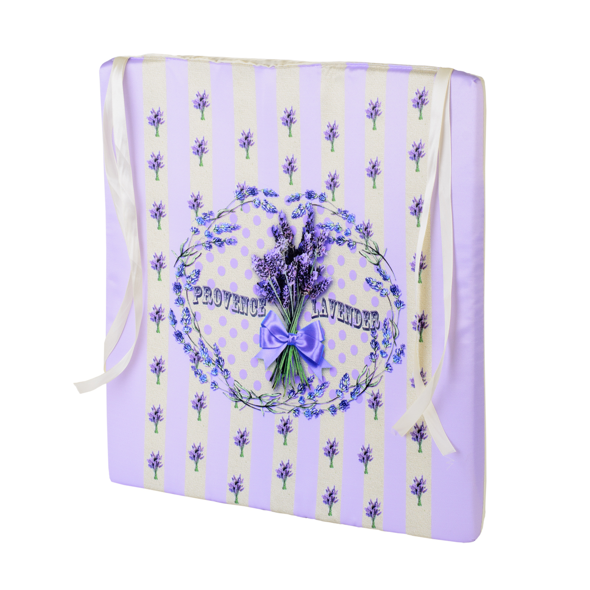Подушка на стул GiftnHome Лаванда, 40 х 40 смVT-1520(SR) Подушка на стул GiftnHome Лаванда, 40 х 40 смVT-1520(SR)Подушка на стул GiftnHome Лаванда не только красиво дополнит интерьер кухни, но и обеспечит комфорт при сидении. Чехол выполнен из атласа (искусственный шелк) и оформлен изображением лаванды. В качестве наполнителя используется мягкий поролон. Изделие имеет 2 завязки для крепления на табурет или стул. Интерьерные подушки с модными принтами внесут яркие краски и актуальный стиль в интерьер вашего дома, дачи, офиса или студии. Правильно сидеть - значит сохранить здоровье на долгие годы. Жесткие сидения подвергают наше здоровье опасности. Подушка с мягким наполнителем поможет предотвратить большинство нежелательных последствий сидячего образа жизни.