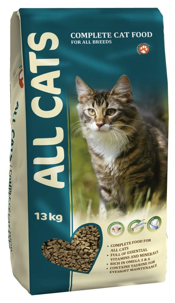 Корм сухой полнорационный для взрослых кошек ALL CATS 13 кг0120710 Корм сухой полнорационный для взрослых кошек ALL CATS 13 кг0120710Гарантируемые показатели.сырой протеин – 30 %сырой жир – 9 %сырая клетчатка – 3 %сырая зола – 7 %кальций – 1,3 %фосфор –1,0 %Энергетическая ценность- 340 ккал/100 г.Перечень компонентов, входящих в рецептуру.злаки, мясо и продукты животного происхождения, овощи, масла и жиры, рыба и рыбные субпродукты (источник Омега-3 и Омега-6 жирных кислот), минеральные вещества и витамины.