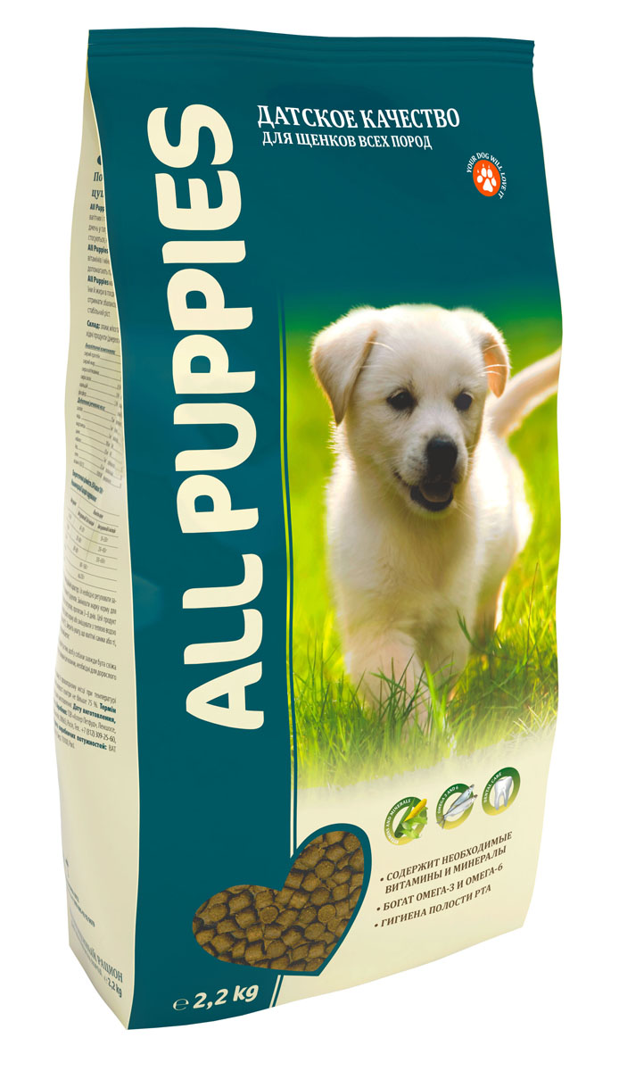 Корм сухой полнорационный для щенков ALL PUPPIES 2,2 кг0120710 Корм сухой полнорационный для щенков ALL PUPPIES 2,2 кг0120710Гарантируемые показатели.сырой протеин - 28 %сырой жир - 14 %сырая клетчатка - 3 %сырая зола – 8,5 % кальций – 1,8 %фосфор – 1,2 % Энергетическая ценность- 354 ккал/100 г.Перечень компонентов, входящих в рецептуру.злаки, мясо и продукты животного происхождения, овощи, масла и жиры, рыба и рыбные субпродукты(источник Омега-3 и Омега-6 жирных кислот),, минеральные вещества и витамины.