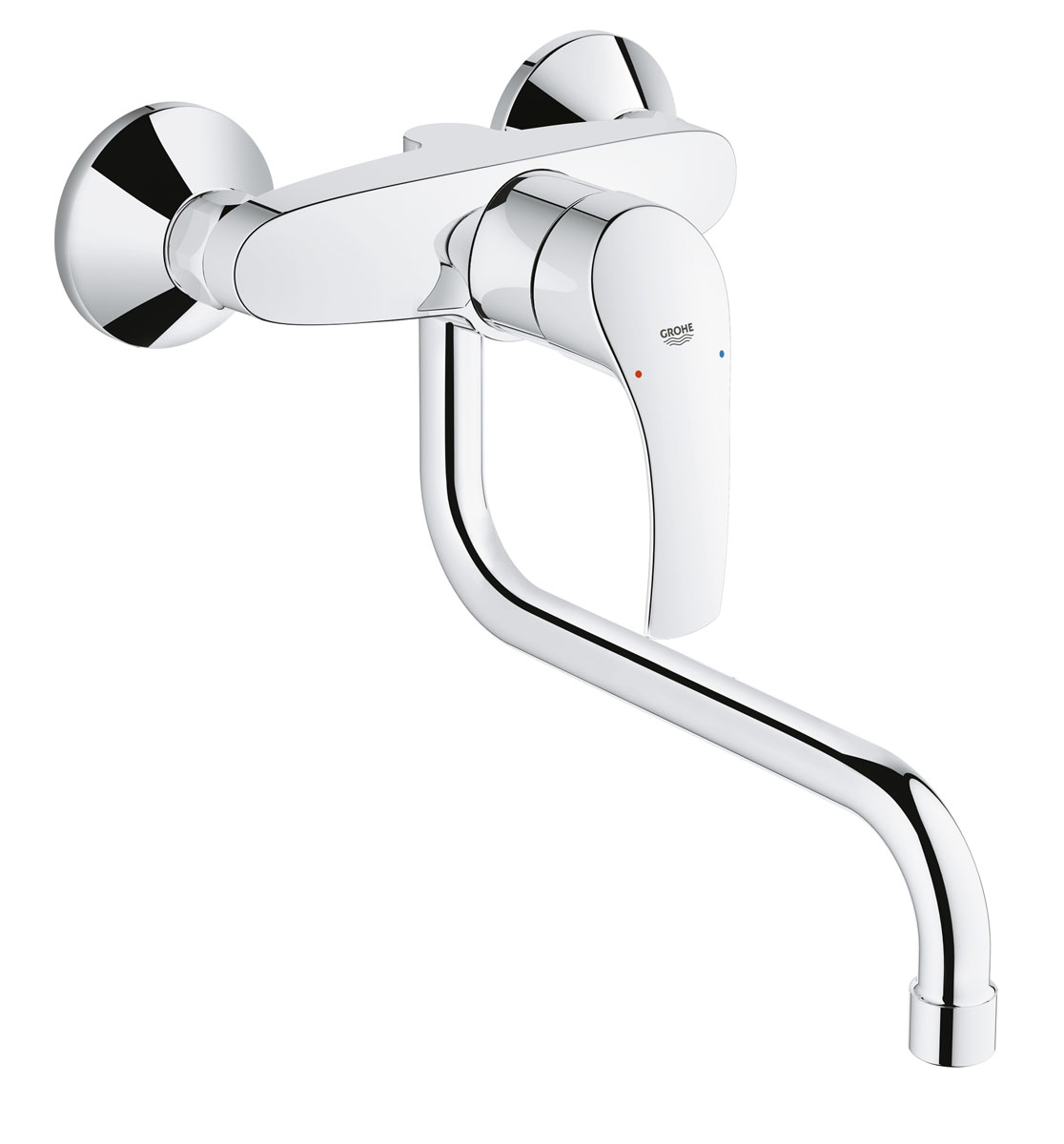 Смеситель для кухни Grohe Eurosmart New. 3222400213296 Смеситель для кухни Grohe Eurosmart New. 3222400213296Этот кухонный смеситель Grohe Eurosmart New обеспечивает максимум свободы действий при работе на кухне, а также располагает множеством полезных особенностей - поворотным изливом длиной 200 мм. Благодаря хромированному покрытию StarLight, этот настенный смеситель отличается чрезвычайной неприхотливостью в уходе, а его эффектный блеск будет притягивать взгляды в интерьере любой кухни. Плавность и легкость регулировки температуры и напора воды обеспечит картридж с технологией SilkMove. Система упрощенного монтажа позволит установить смеситель практически мгновенно. В дополнение ко всем вышеперечисленным преимуществам, данный смеситель также оснащен эргономичным рычагом управления и ограничителем температуры, предотвращающим ошпаривание, что делает его просто идеальным выбором для оснащения вашей кухни.