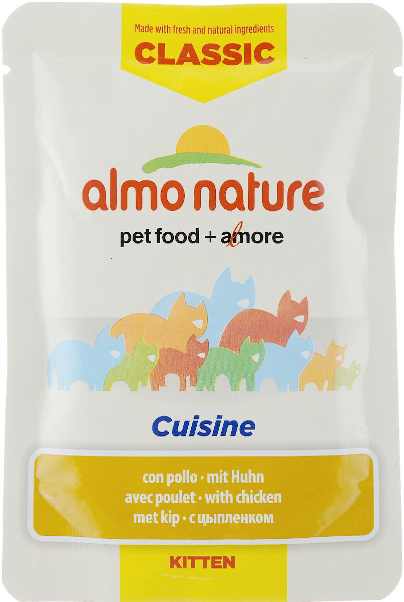 Консервы для котят Almo Nature Classic Cuisine, с цыпленком, 55 г0120710 Консервы для котят Almo Nature Classic Cuisine, с цыпленком, 55 г0120710Консервы для котят Almo Nature - полнорационный корм для котят. Консервы приготовлены из свежих и натуральных ингредиентов. Состав: куриный бульон, цыпленок 40%, рис 8%, сыр 3%, куриная печень 2%, подсолнечное масло 2%, яичный порошок 2%, витамины и минералы, соль 0,1%, хлорид холина 0,05%. Добавки: витамин A 9300 IU/кг, витамин D3 300 IU/кг, витамин E 50 мг/кг, витамин K3 0,1 мг/кг, витамин B1 15 мг/кг, витамин B2 2 мг/кг, витамин B12 0,01 мг/кг, биотин 0,05 мг/кг, ниацин 20 мг/кг, пантотеновая кислота 4 мг/кг, витамин B6 2 мг/кг, фолиевая кислота 0,5 мг/кг, марганец 2 мг/кг, медь 0,8 мг/кг, йод 0,05 мг/кг, селен 0,03 мг/кг, цинк 22 мг/кг, железо 21 мг/кг, кальций 2100 мг/кг. Гарантированный анализ: белки 9%, клетчатка 0,1%, жиры 6,5%, зола 1,5%, влага 77%. Энергетическая ценность: 860 ккал/кг. Товар сертифицирован.