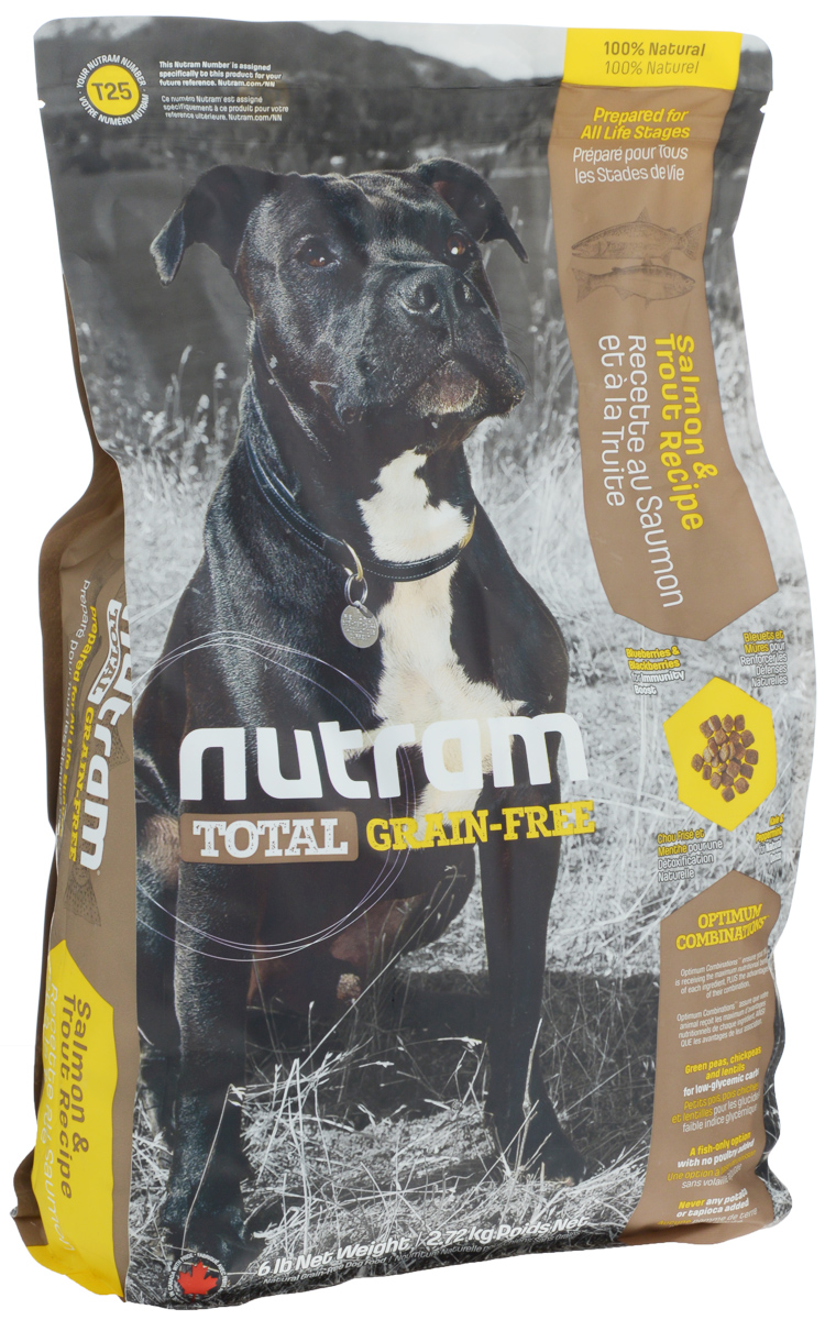 Корм сухой для собак Nutram, беззерновой, из мяса лосося и форели, 2,72 кг11163_дизайн 2 Корм сухой для собак Nutram, беззерновой, из мяса лосося и форели, 2,72 кг11163_дизайн 2Сухой корм для собак Nutram - это натуральный полнорационный корм для собак без содержания зерна. В составе корма: - Углеводы с низким гликемическим индексом (ГИ), полученные из бобовых (турецкий горох и зеленый горошек); - Органические пребиотики (морские водоросли и инулин агавы); - Мощные продукты, такие как лебеда, семена чии, свежие ягоды, гранат и капуста; - Свыше 90% свежих фруктов и овощей канадского производства; - Не содержит картофеля. Состав: мясо форели без костей, дегидрированное мясо лосося, зеленый горошек, дегидрированное мясо рыбы менхаден, бараний горох, чечевица, каноловое масло, мясо лосося без костей, натуральный овощной ароматизатор, жир лососевых рыб, яблоки, морковь, хлорид холина, тыква мускатная, киноа, клюква, черника, ежевика, листовая капуста, ламинария, корень цикория (пребиотик), витамины и минералы (витамин E, А, D3, B3, C, B5, B1, B2, B6, B9, B7, B12, бета-каротин, протеинат цинка, сульфат железа, протеинат железа, оксид цинка, протеинат меди, сульфат меди, протеинат марганца, оксид марганца, йодат кальция, селенит натрия), юкка Шидигера, зеленые мидии, шпинат, семена сельдерея, мята перечная, ромашка, куркума, имбирь, розмарин сушеный. Гарантированный анализ: протеин минимум 36%, жир минимум 17%, клетчатка максимум 5%, вода максимум 10%, зола максимум 7%, кальций минимум 1,4%, фосфор минимум 0,8%, омега-3 минимум 1,6%, омега-6 минимум 2,9%. Содержание калорий: 3925 ккал/кг.Товар сертифицирован.