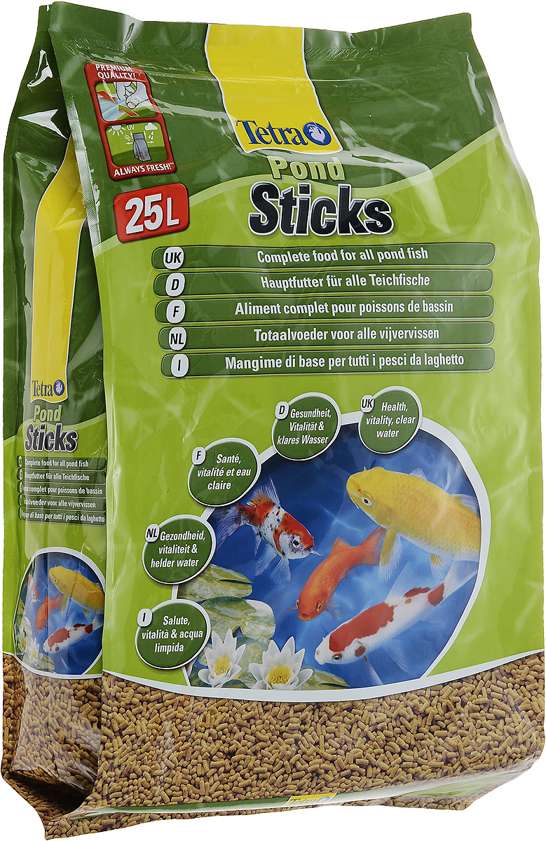 Корм сухой Tetra Pond. Sticks для прудовых рыб, палочки, 25 л (3 кг)0120710 Корм сухой Tetra Pond. Sticks для прудовых рыб, палочки, 25 л (3 кг)0120710Tetra Pond. Sticks - это основной корм для рыб, в виде плавающих на поверхности воды палочек, который содержит все необходимые питательные вещества, клетчатку, минералы, микроэлементы и витамины для полноценного и биологически сбалансированного питания. Запатентованная BioActive формула обеспечивает высокую устойчивость к заболеваниям, придает энергию и жизнеспособность.Особенности Tetra Pond. Sticks:уникальная рецептура и качество сырья предотвращают симптомы недостаточности связанные с питанием, легко усваиваемый корм благодаря высокой биологической ценности питательных веществ, высокая устойчивость к заболеваниям благодаря оптимизированной питательной формуле,улучшение качества воды за счет уменьшения количества добавленных фосфатов на 25 %, идеально подходит для ежедневного питания прудовых рыб. Рекомендации по кормлению: кормить не менее 2-3 раз в день в таком количестве, которое рыбы могут съесть в течение нескольких минут.Состав: зерновые культуры, экстракты растительного белка, растительные продукты, рыба и побочные рыбные продукты, дрожжи, масла и жиры, водоросли, минеральные вещества. Пищевая ценность: сырой белок - 28%, сырые масла и жиры - 3,5%, сырая клетчатка - 2%, влага - 7%.Добавки: витамины, провитамины и химические вещества с аналогичным воздействием: витамин А 16000 МЕ/кг, витамин Д3 1890 МЕ/кг. Комбинации микроэлементов: Е5 Марганец 81 мг/кг, Е6 Цинк 48 мг/кг, Е1 Железо 31 мг/кг, Е3 Кобальт 0,6 мг/кг. Красители, антиоксиданты.Товар сертифицирован.