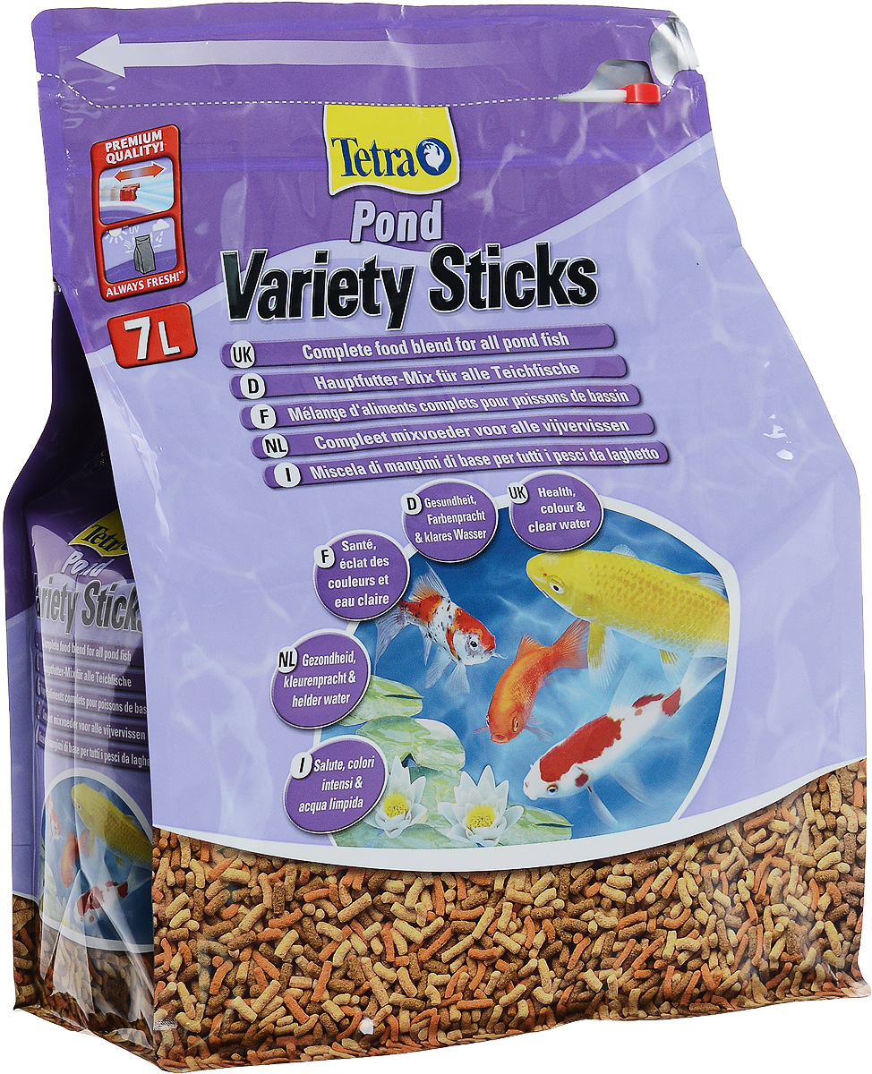 Корм сухой Tetra Pond. Variety Sticks для прудовых рыб, палочки, 7 л (1,02 кг)0120710 Корм сухой Tetra Pond. Variety Sticks для прудовых рыб, палочки, 7 л (1,02 кг)0120710Корм сухой Tetra Pond. Variety Sticks - это основная кормовая смесь, которая содержит три вида палочек для здорового, полноценного питания прудовых рыб. Запатентованная BioActive формула обеспечивает высокую устойчивость к заболеваниям, придает энегрию и жизнеспособность. Корм содержит все необходимые элементы, витамины и микроэлементы для предотвращения симптомов недостаточности, связанных с питанием. Легкий прием и высокая перевариваемость уменьшает степень загрязнения воды и улучшает ее качество. Кормите не менее 2 - 3 раз в день в таком количестве, которые рыбы могут съесть в течение нескольких минут. Состав: растительные продукты, зерновые культуры, экстракты растительного белка, рыба и побочные рыбные продукты, дрожжи, минеральные вещества, водоросли, масла и жиры, овощи. Пищевая ценность: сырой белок - 31%, сырые масла и жиры - 4,5%, сырая клетчатка - 2%, влага - 7%.Добавки: витамины, провитамины и химические вещества с аналогичным воздействием: витамин В 28900 МЕ/кг, витамин Д3 1800 МЕ/кг. Комбинации элементов: Е5 Марганец 100 мг/кг, Е6 Цинк 60 мг/кг, Е1 Железо 39 мг/кг, Е3 Кобальт 0,7 мг/кг. Красители, консерванты, антиоксиданты.Товар сертифицирован.
