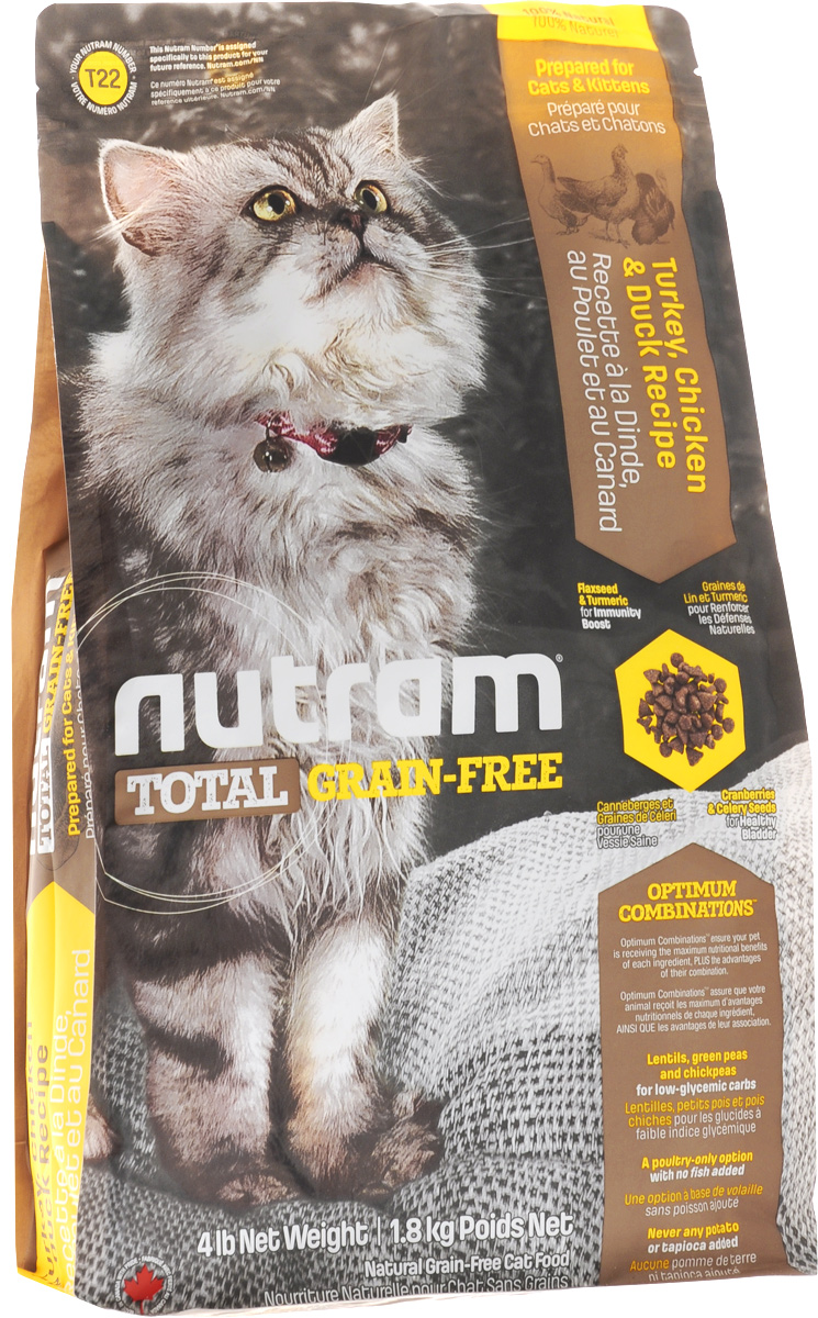 Корм сухой Nutram, для кошек и котят, беззерновой, с мясом индейки, курицы и утки, 1,8 кг0120710 Корм сухой Nutram, для кошек и котят, беззерновой, с мясом индейки, курицы и утки, 1,8 кг0120710Беззерновой сухой корм Nutram - натуральное и полноценное питание с низким гликемическим индексом углеводов. Улучшает самочувствие и здоровье домашних питомцевпо принципу изнутри наружу. Подход Nutram к целостному питанию начинается со здорового развития. Рецептура корма Nutram соответствует возрастным нормам питания для кошек, установленным ассоциацией AAFCO. Он содержит в себе мясо индейки, курицы и утки.Состав: мясо индейки без костей, дегидрированное мясо курицы, чечевица, цельные яйца, зеленый горошек, бараний горох, куриный жир, натуральный ароматизатор курицы, мясо утки без костей, льняное семя, тыква, брокколи, киноа, хлорид холина, сушеная клюква, гранат, малина, листовая капуста, морская соль, корень цикория (пребиотик), витамины и минералы (витамин E, С, B3, А, B1, B5, B6, B2, D3, B9, B7, B12, бета-каротин, протеинат цинка, сульфат железа, оксид цинка, протеинат железа, сульфат меди, протеинат меди, протеинат марганца, оксид марганца, иодат кальция, селенит натрия), DL-метионин, таурин, юкка Шидигера, шпинат, семена сельдерея, мята перечная, ромашка, куркума, имбирь, розмарин сушеный.Гарантированный анализ: белок минимум 36%, жир минимум 19%, клетчатка максимум 5%, вода максимум 10%, зола максимум 7,5%, кальций минимум 1,1%, фосфор минимум 0,8%, омега-3 минимум 0,25%, омега-6 минимум 2,8%.Калорийность на кг: 3 955 ккал/кг ккал/кг. Товар сертифицирован.