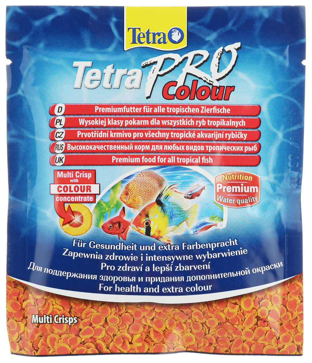 Корм Tetra TetraPro. Color для улучшения окраса всех видов декоративных рыб, чипсы, 12 г0120710 Корм Tetra TetraPro. Color для улучшения окраса всех видов декоративных рыб, чипсы, 12 г0120710Корм Tetra TetraPro. Color - кормовые чипсы, предназначенные для улучшения яркости окраса декоративных рыбок. В составе имеется высокое содержание каротиноидов, которые усиливают яркий естественный окрас рыбок. При регулярном кормлении усиление цвета заметно уже через две недели.Кормить рыбок чипсами необходимо маленькими дозами и несколько раз в сутки.Состав: рыба и побочные рыбные продукты, зерновые культуры, экстракты растительного белка, дрожжи, моллюски и раки, масла и жиры, водоросли, сахар.Аналитические компоненты: сырой белок - 46%, сырые масла и жиры - 12%, сырая клетчатка - 3%, содержание влаги - 9%. Товар сертифицирован.