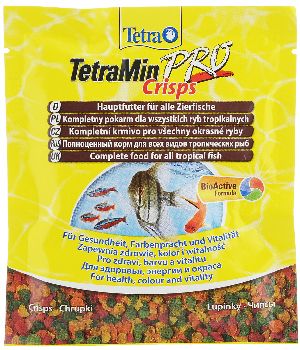 Корм Tetra TetraMin Pro. Crisps для всех видов тропических рыб, чипсы, 12 г0120710 Корм Tetra TetraMin Pro. Crisps для всех видов тропических рыб, чипсы, 12 г0120710Корм Tetra TetraMin Pro. Crisps - основной корм для всех видов тропических декоративных рыб. Благодаря низкотемпературной технологии изготовления, корм очень питателен. При производстве сохраняются важные питательные вещества. Оптимальное сочетание жиров и протеинов позволяет эффективнее использовать питательные вещества и гарантирует лучшее усвоение корма. Запатентованная БиоАктив-формула поддерживает здоровую иммунную систему рыб. При регулярном кормлении TetraMin Pro. Crisps сокращается концентрация нитратов, и улучшается качество воды. Кормить несколько раз в день небольшими порциями. Состав: рыба и побочные рыбные продукты, зерновые культуры, экстракты растительного белка, дрожжи, моллюски и раки, масла и жиры, водоросли.Аналитические компоненты: сырой белок - 46%, сырые масла и жиры - 12%, сырая клетчатка - 3%, содержание влаги - 8%. Товар сертифицирован.