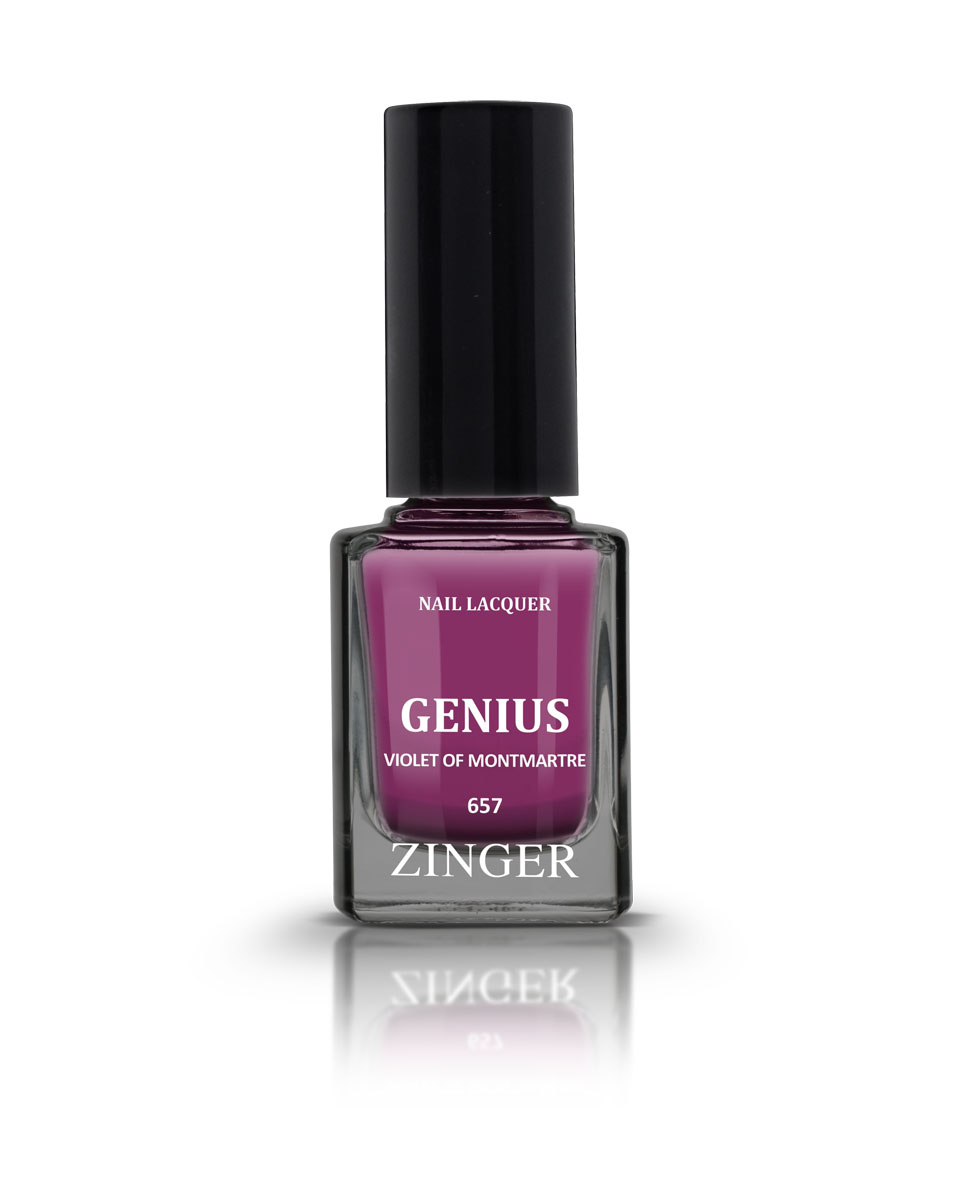 Zinger Лак для ногтей GENIUS VIOLET OF MONTMARTRE 657, 12 мл78210 Zinger Лак для ногтей GENIUS VIOLET OF MONTMARTRE 657, 12 мл7821060 трендовых оттенков для новой коллекции лака для ногтей Zinger 2016 произведены во Франции по экспертной технологии, которая обеспечивает прочное покрытие и одновременно заботится о здоровье ногтей, сохраняя их природную красоту. Новая формула лака Gel-technology 3-го поколения свободна от парабенов, толуола, ДБП, исключено использование камфоры и формальдегидной смолы. Для дополнительной защиты ногтей, в новой 5free формуле лаков Zinger появились UV-фильтры. Лак теперь наносится легко и быстро, абсолютно ровным слоем, благодаря новой профессиональной кисточке из 222 волосков. Лак держится намного дольше и высыхает после нанесения в течение нескольких минут. Сырье для производства лаков и конечный продукт –лаки Zinger не тестируются на животных.Фактура глянцевая
