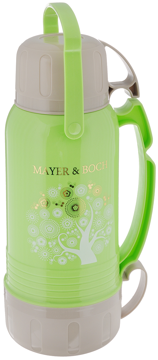Термос Mayer & Boch, с чашами, цвет: салатовый, бежевый, золотистый, 1,8 л. 22602VT-1520(SR) Термос Mayer & Boch, с чашами, цвет: салатовый, бежевый, золотистый, 1,8 л. 22602VT-1520(SR)Термос Mayer & Boch со стеклянной колбой в полипропиленовом корпусе является одним из востребованных в России. Его температурная характеристика ни в чем не уступает термосам со стальными колбами, но благодаря свойствам стекла этот термос может быть использован для заваривания напитков с устойчивыми ароматами. Изделие оснащено двумя эргономичными ручками. В комплекте с термосом - две чаши разных размеров и дополнительный стакан. Завинчивающаяся герметичная крышка предохранит от проливаний. Температура напитков сохраняется на длительное время. Термос Mayer & Boch станет не только надежным другом в походе, но и отличным украшением вашей кухни.Общий размер термоса (с учетом чашек): 15 х 13 х 25,2 см.Диаметр горлышка термоса (по верхнему краю): 5,1 см.Внутренний диаметр горлышка термоса: 3,3 см.Диаметр малой чаши (по верхнему краю): 10 см.Высота малой чаши: 6,8 см.Диаметр большой чаши (по верхнему краю): 13,8 см.Высота большой чаши: 7 см.Диаметр стакана (по верхнему краю): 9,3 см.Высота стакана: 5,5 см.