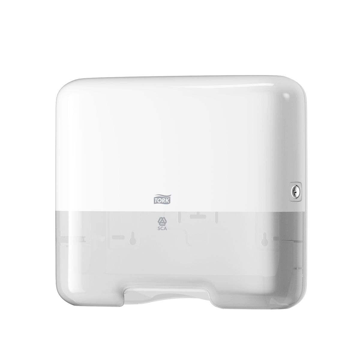 Диспенсер для бумажных полотенец Tork, цвет: белый. 553100NN-605-LS-W Диспенсер для бумажных полотенец Tork, цвет: белый. 553100NN-605-LS-WСистема Н3 - Полотенца сложения SinglefoldМиниатюрный держатель для пoлoтенец изготовлен с применением экологичных технологий.Материал корпуса — белый ударопрочный пластик.Вмещает 1,5 пачки пoлoтенец и подходит для помещений с малой проходимостью.Открывается единым металлическим ключом.В комплекте поставляются крепежные элементы и лекало для установки.Оборудован окном для контроля количества оставшихся пoлoтенец.Диспенсер открывается при помощи ключа: верхняя белая часть поднимается вверх и одновременно прозрачная часть опускается вниз, тем самым давая доступ к механизму, куда необходимо закладывать новую пачку полотенец.