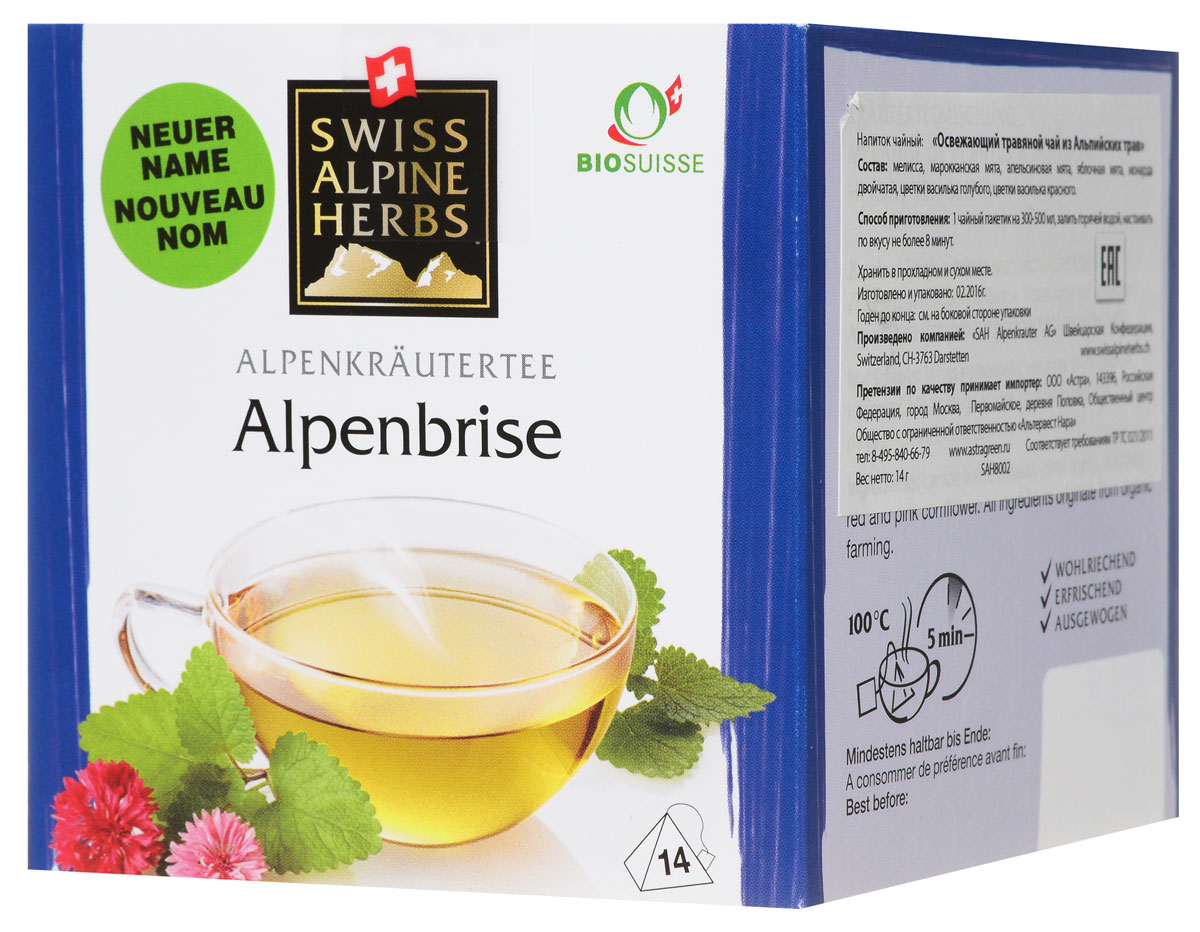 Swiss Alpine Herbs Освежающий травяной чай в пакетиках, 14 шт4607099304369 Swiss Alpine Herbs Освежающий травяной чай в пакетиках, 14 шт4607099304369Элитный чай в пирамидках Swiss Alpine Herbs Освежающий из альпийских трав - это прекрасное сочетание трав, которые дарят напитку неповторимый аромат. Собранные на альпийских лугах в Швейцарии травы известны своими целебными свойствами.