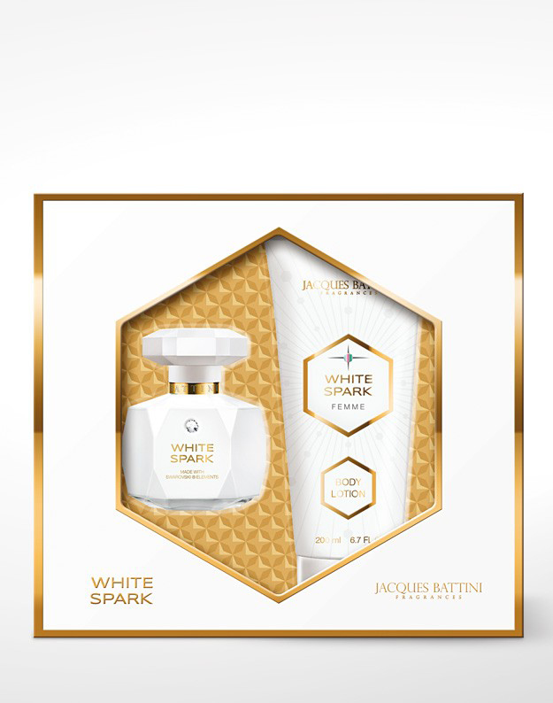 Jacgues Battini Cosmetics Подарочный Набор (Духи для женщин Spark White 50мл + лосьон для тела Spark White 200 мл)80284338 Jacgues Battini Cosmetics Подарочный Набор (Духи для женщин Spark White 50мл + лосьон для тела Spark White 200 мл)80284338аромат для женщин, принадлежит к группе ароматов цветочные фруктовые сладкие. White выпущен в 2012. Верхние ноты: Мандарин, Груша и Красные ягоды; ноты сердца: Гардения, Жасмин, Франжипани и Белая фрезия; ноты базы: Пачули, и Мускус.Diamond Jacques Battini - это аромат для женщин, принадлежит к группе ароматов цветочные фруктовые. Изысканный флакон украшен кристаллом Сваровски, и идеально подойдет для подарка. Diamond выпущен в 2012. Верхние ноты: Бергамот, Мандарин и Груша; ноты сердца: Жасмин, Османтус и Роза; ноты базы: Мускус, Амбра и Дубовый мох.