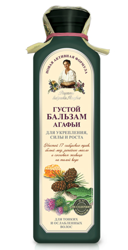 Рецепты бабушки Агафьи бальзам Густой Агафьи для укрепления, силы и роста 350 млFS-00897 Рецепты бабушки Агафьи бальзам Густой Агафьи для укрепления, силы и роста 350 млFS-00897Содержание в бальзаме талой воды обеспечивает кондиционирование волос, волосы становятся более мягкими, легко расчесываются, приобретают естественный блеск. Настой трав, белый мед, репейное масло служат увлажнением и питанием слабому волосу, укрепляют и стимулируют его рост. Сочетание активных питательных компонентов дарит вашим волосам комплексную заботу: укрепление, силу и рост.