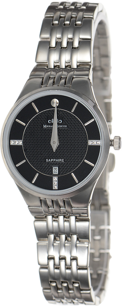 Часы наручные женские Mikhail Moskvin Elegance, цвет: серебряный, черный. L5001S0B1BM8434-58AE Часы наручные женские Mikhail Moskvin Elegance, цвет: серебряный, черный. L5001S0B1BM8434-58AEСтильные женские наручные часы Mikhail Moskvin из серии Elegance изготовлены из высокотехнологичной гипоаллергенной нержавеющей стали. Для того чтобы защитить циферблат от повреждений в часах используется высокопрочное сапфировое стекло. Циферблат изделия оснащен гранеными стрелками, оформлен символикой бренда и стразами.Корпус часов оснащен кварцевым японским механизмом, степенью влагозащиты равной 3 Bar, а также календарем, показывающим число месяца. Браслет часов застегивается на замок-клипсу, который позволит с легкостью снимать и надевать часы.Часы упакованы в фирменную коробку и дополнительно в текстильную сумку с названием бренда.Часы Mikhail Moskvin подчеркнут характер и отменное чувство стиля их обладателя.