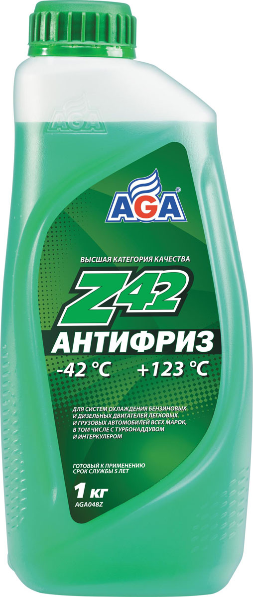 Антифриз, готовый к применению AGA, зеленый, -42 °С. AGA 048 ZS03301004 Антифриз, готовый к применению AGA, зеленый, -42 °С. AGA 048 ZS03301004Срок службы — до 5 лет, или 150 000 км пробега. Рабочий диапазон температур: от –42 до +123 °C. Отличается усиленной антикавитационной защитой припоя, алюминия, меди, латуни, сталии чугуна. Разработан с учетом требований: ASTMD 4985/5345; BMW N600 69.0; DaimlerChrysler DBL7700.20; Audi, Porsche, Seat, Skoda, VW TL 774?D;G-48; Ford WSS-M97 B44?D, TTM АвтоВАЗ.