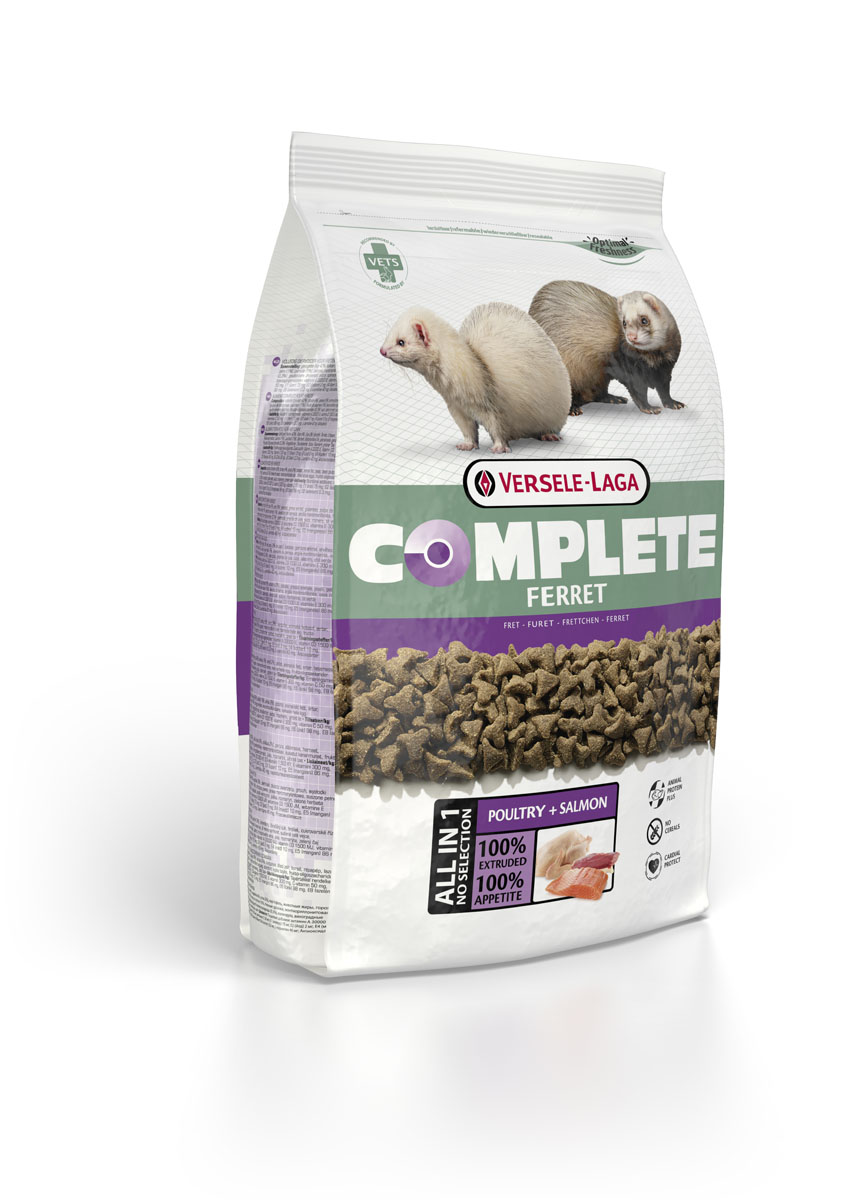 Корм для хорьков Versele-Laga Complete Ferret, 2,5 кг0120710 Корм для хорьков Versele-Laga Complete Ferret, 2,5 кг0120710Полноценный и вкусный корм для хорьков, состоящий на 100% из легкоусваиваемых экструдированных гранул. Обеспечивает организм зверьков питательными веществами, микроэлементами и витаминами, благодаря чему повышает иммунитет хорька. Из-за своей структуры корм является отличным средством для профилактики заболеваний зубов и десен.Состав: курица (более 30%), рыба, ФОС, МОС, витамины, натуральные растительные пигменты (лютеин, бетта-каротин), Омега-3, Омега-6, волокна клетчатки, экстракт Юкки.Аналитический состав: сырой протеин 36%, сырой жир 19%, сырая клетчатка 3%, сырая зола 6,5%, кальций 1%, фосфор 0,9%, магний 0,09%, витамин 25,000 МЕ / кг, витамин D3 2,000 МЕ / кг, витамин Е 150 мг / кг, витамин C 50 мг / кг, медно-меди (II) sulfat 20 мг / кг, таурин 2,000 мг / кг, каротин 10 мг / кг.